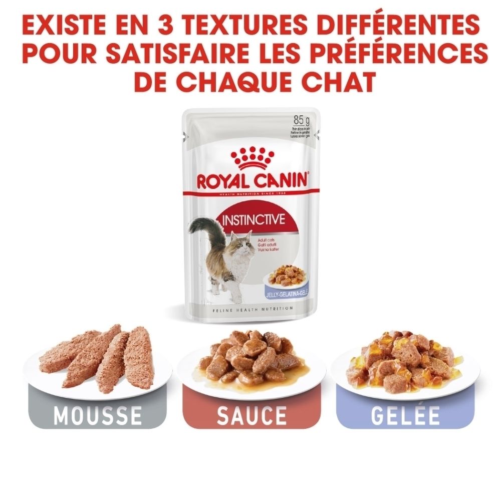 Royal Canin Instinctive Katzenfutter-Beutel mit drei Texturen: Mousse, Sauce und Gelee.