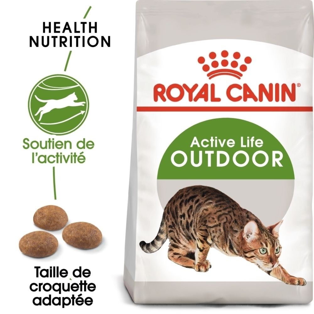 Royal Canin Active Life Outdoor Katzenfutter-Beutel mit Bild einer Katze und Kroketten.