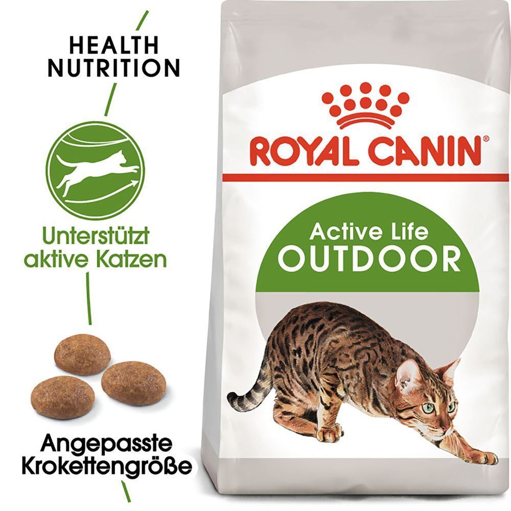 Royal Canin Futterbeutel für aktive Outdoor-Katzen mit Abbildung einer Katze und Kroketten.