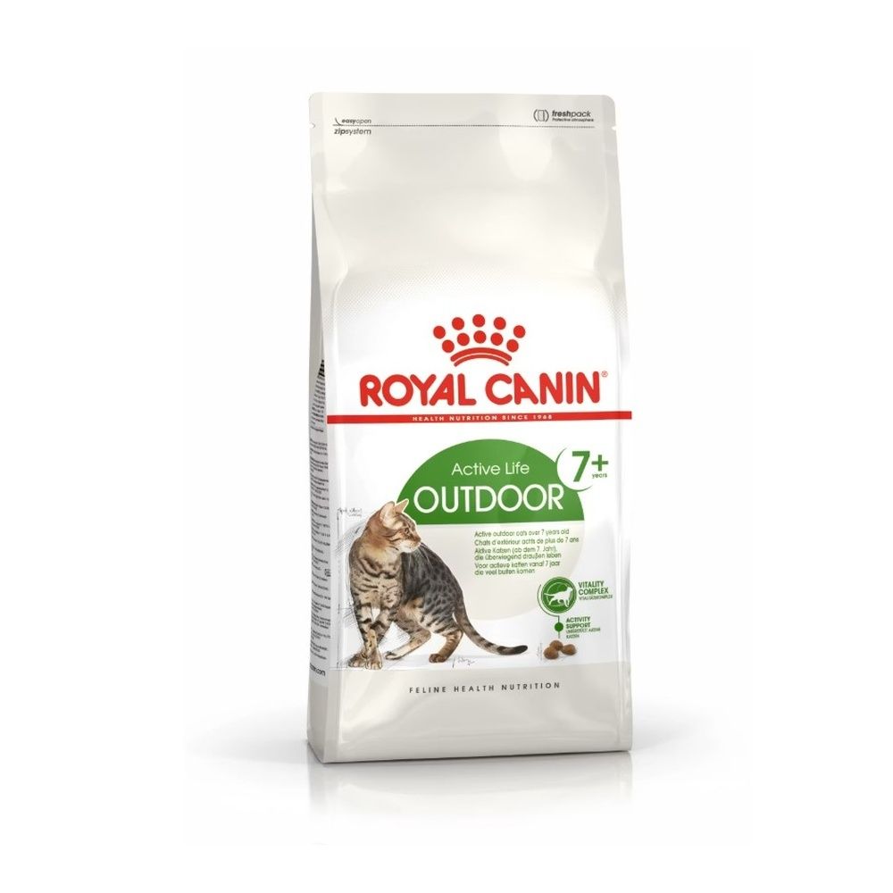 Sac de 10 kg de nourriture Royal Canin Outdoor 7+ pour chats, avec image de chat et informations produit.