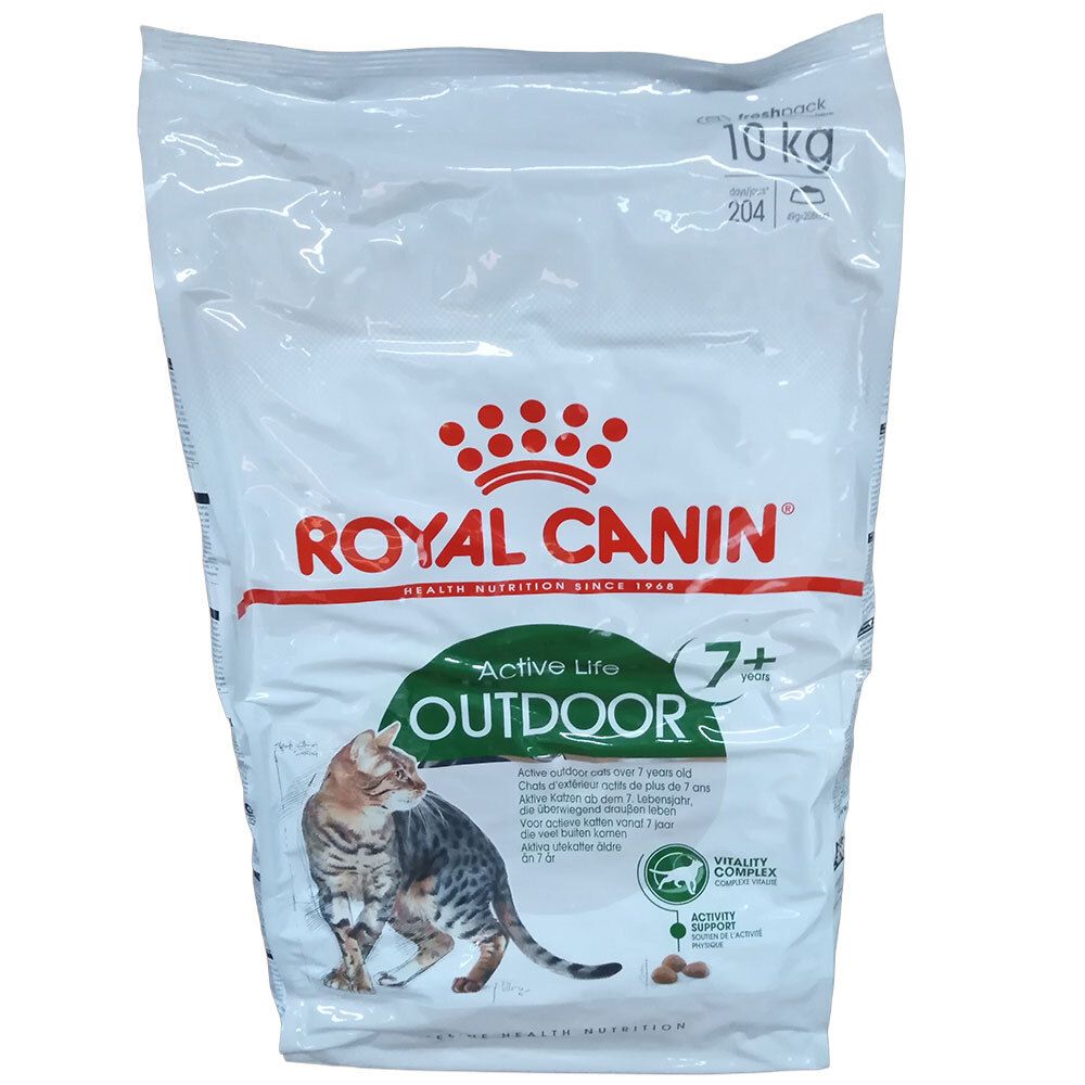 Royal Canin Outdoor 7+ Katzenfutter, 10 kg Beutel mit Abbildung einer Katze und Produktinformationen.