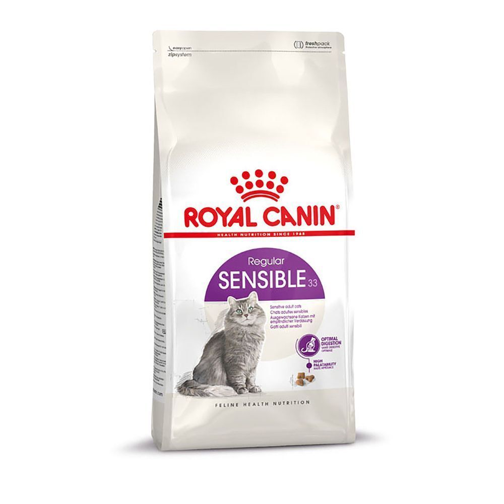 Royal Canin Regular Sensible 33 Katzenfutter-Beutel mit Bild einer Katze und Futterbrocken.