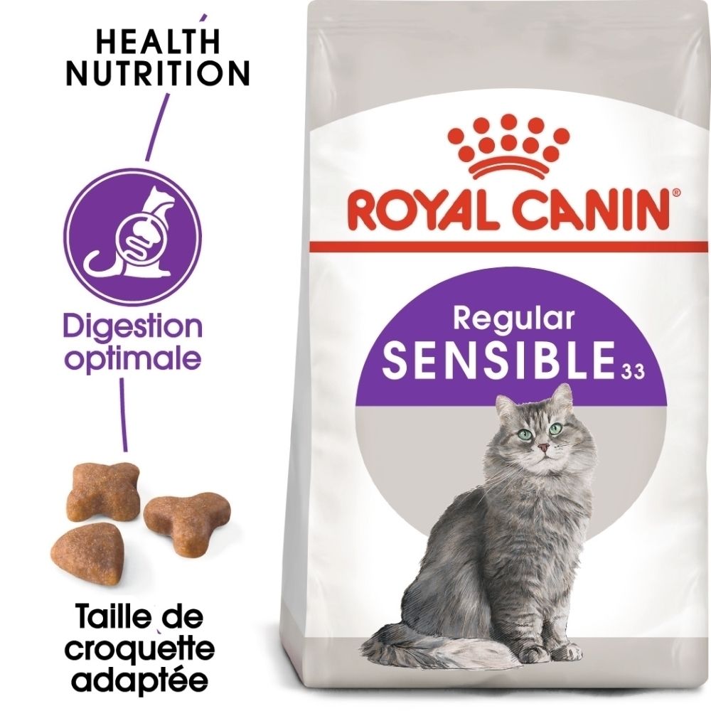 Royal Canin Katzennahrung, Sorte Regular Sensible 33, mit Bild einer Katze und Kroketten.