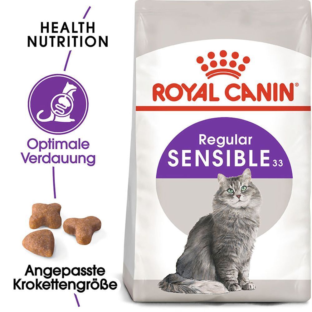 Sack Royal Canin Regular Sensible 33 Katzenfutter mit Katze und Kroketten.