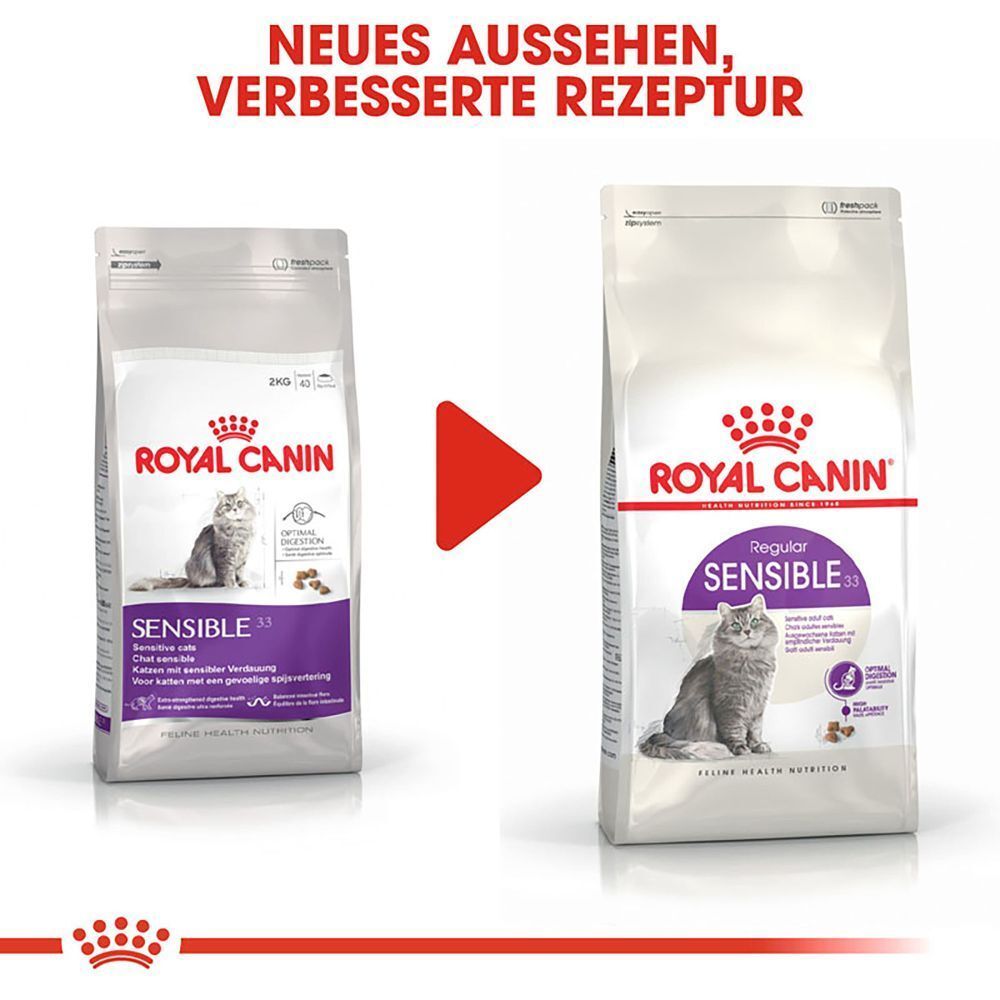 Zwei Säcke Royal Canin Katzenfutter, links "Sensible 33", rechts "Regular Sensible 33".