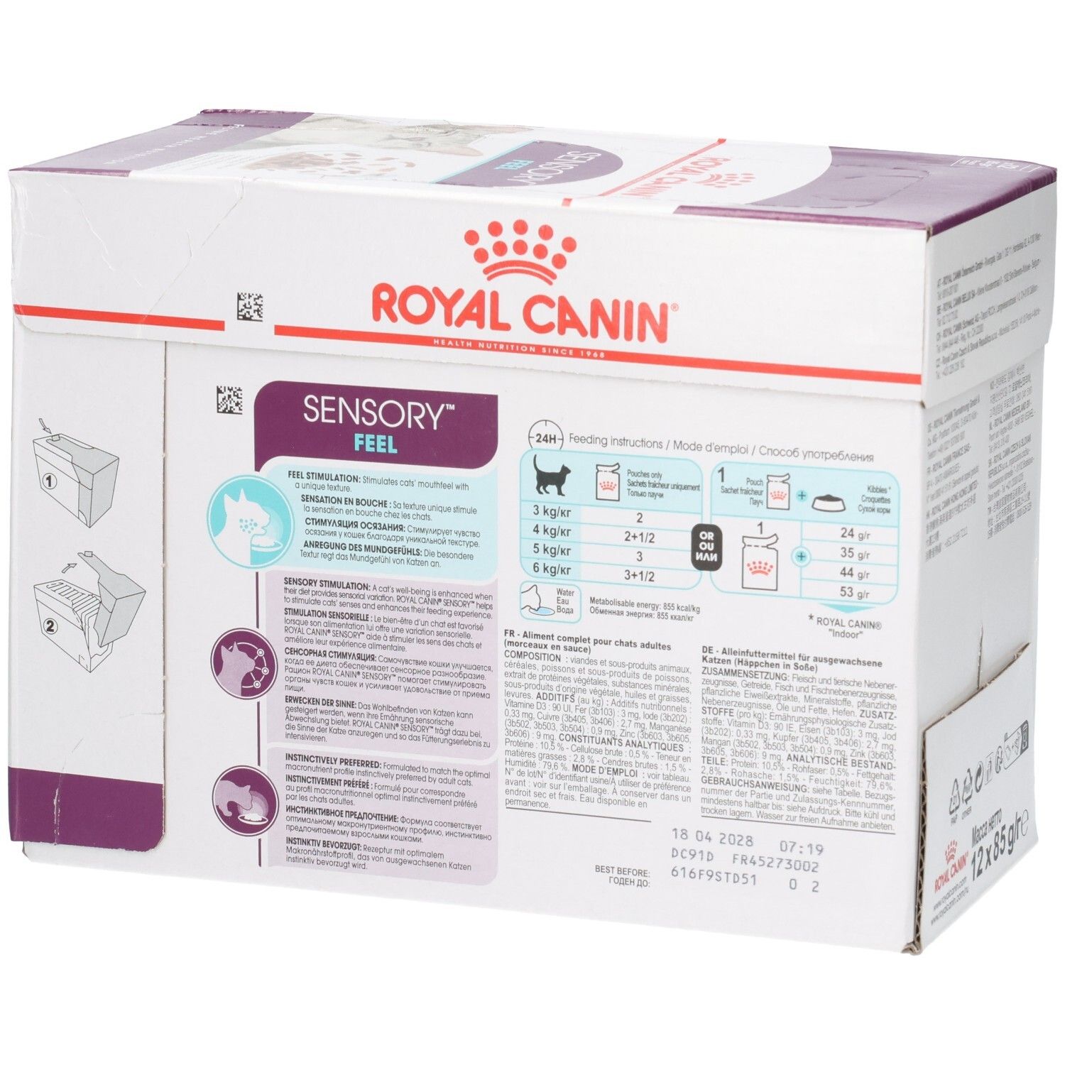 Rückseite der Royal Canin Sensory Feel Katzennahrung Packung mit detaillierten Informationen und Zubereitungshinweisen.