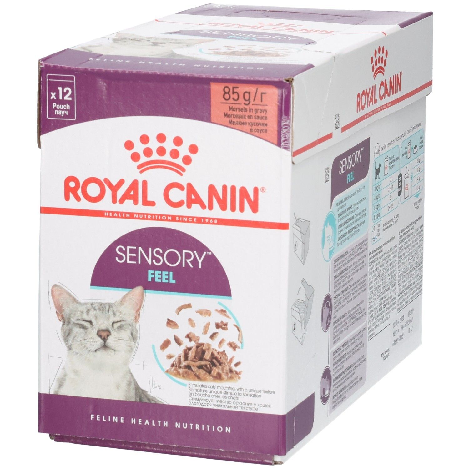 Royal Canin Sensory Feel Katzennahrung, 12x85g Pouch. Vorderseite mit Katze und Produktabbildung.