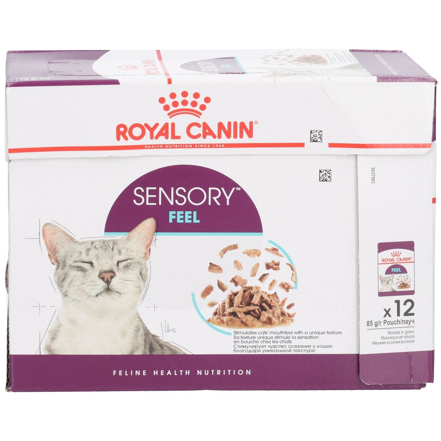 Royal Canin Sensory Feel Katzennahrung, 12x85g Pouch. Seitenansicht der Verpackung.