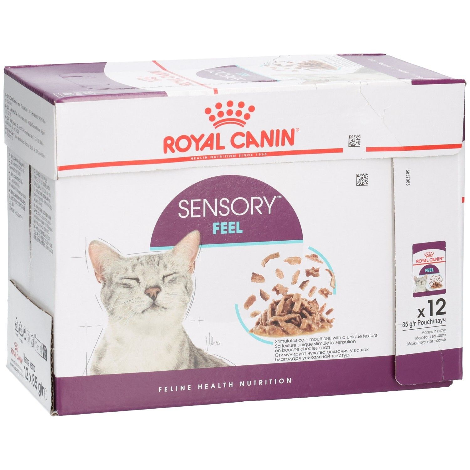 Royal Canin Sensory Feel Katzennahrung, 12x85g Pouch. Vorderseite mit Katze und Produktabbildung.