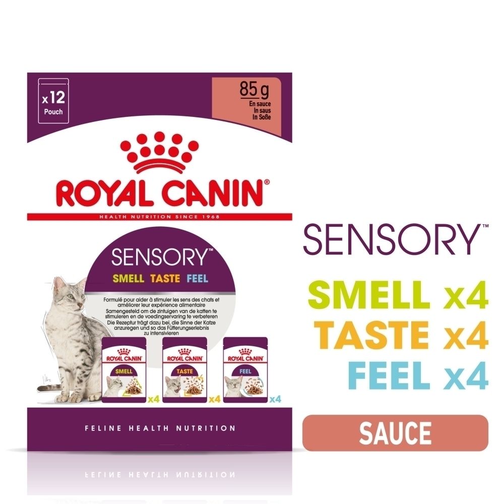 Royal Canin Sensory Katzennahrung, 12x85g Beutel in Sauce. Enthält Varianten für Geruch, Geschmack und Gefühl.