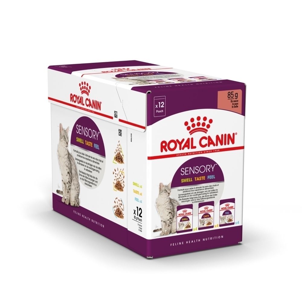 Royal Canin Sensory Katzenfutter-Box mit 12 Beuteln, 85g pro Beutel.