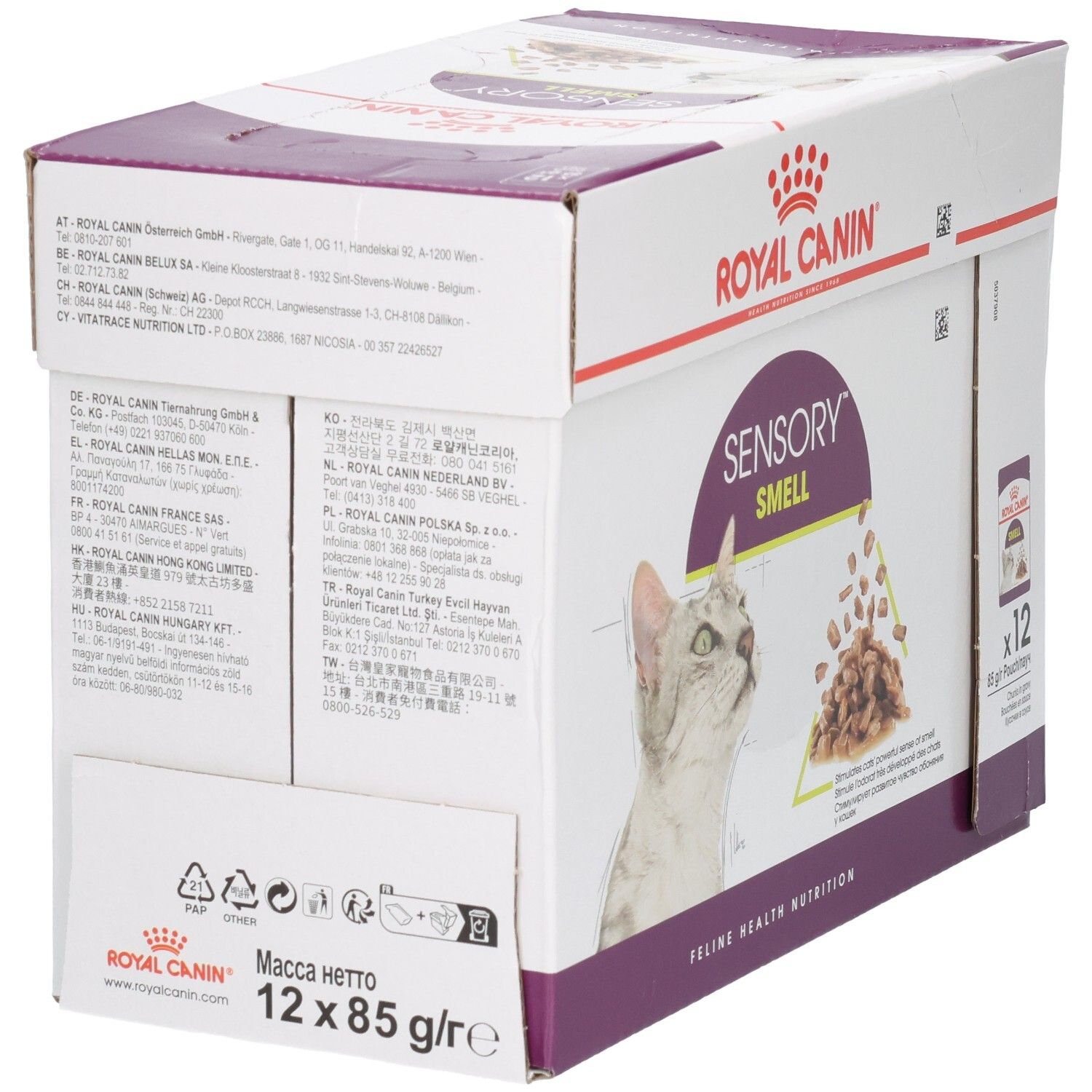 Rückseite einer Royal Canin Sensory Smell Katzenfutter-Box mit Produktinformationen.