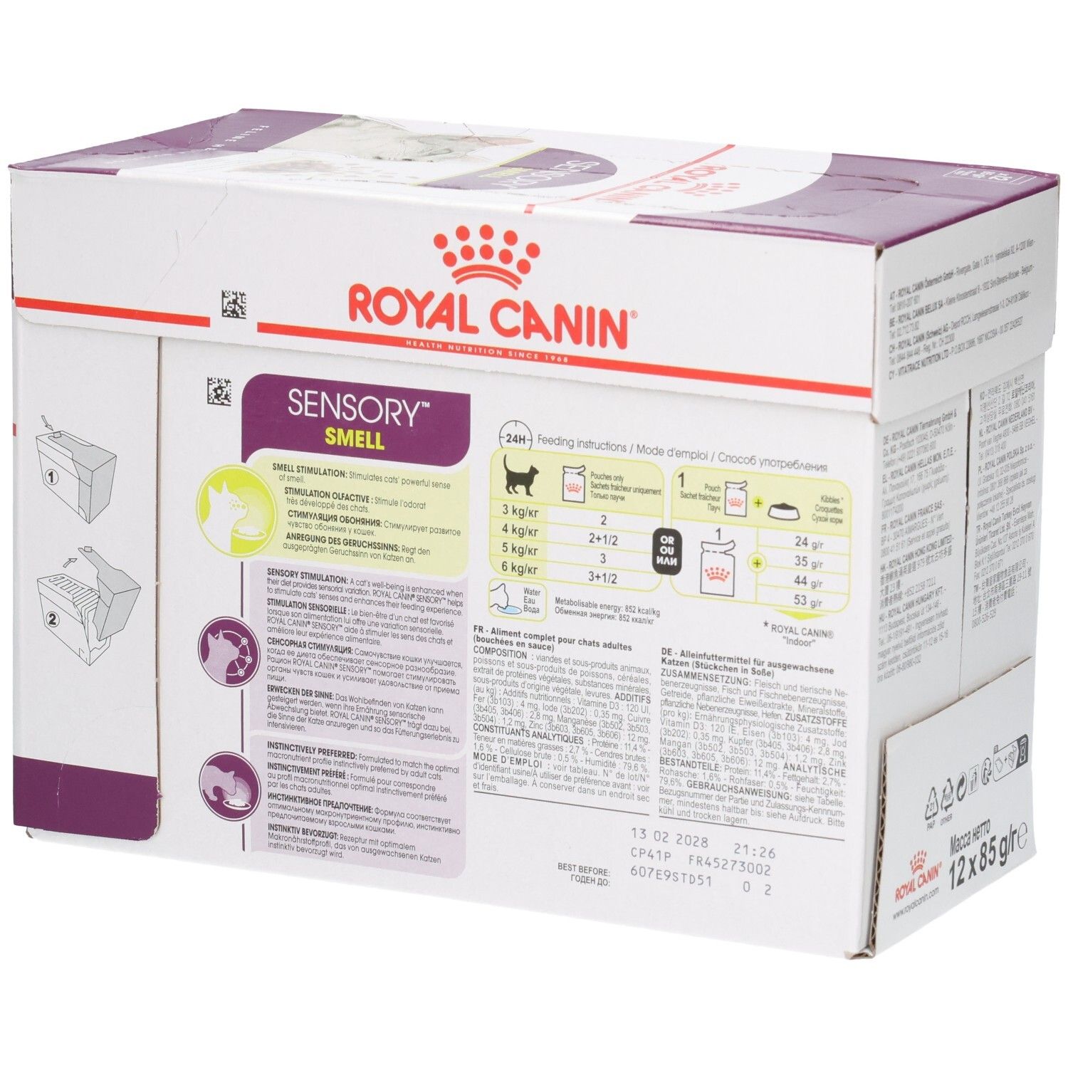 Rückseite einer Royal Canin Sensory Smell Katzenfutter-Box mit Fütterungshinweisen.