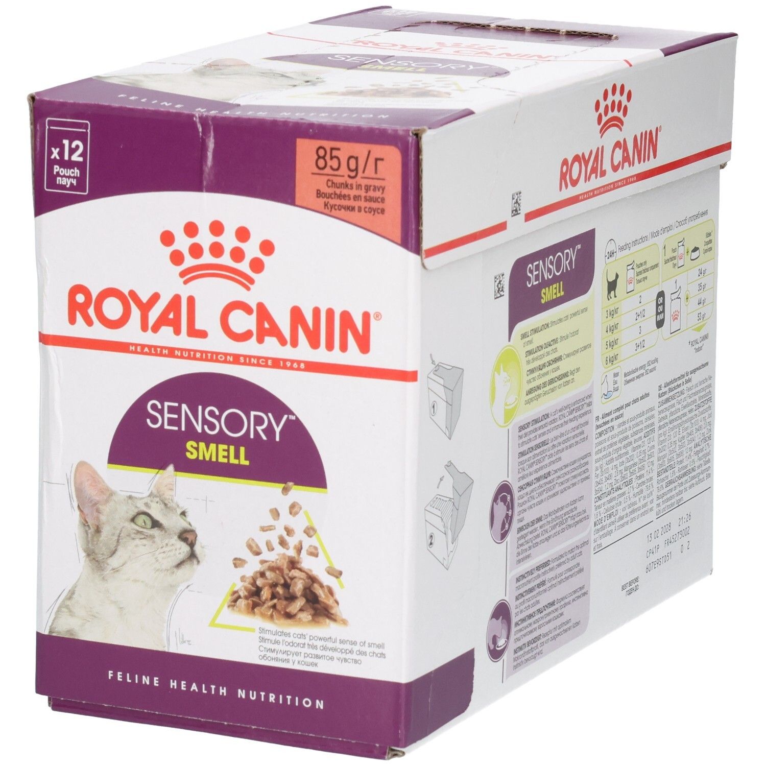 Seitenansicht einer Royal Canin Sensory Smell Katzenfutter-Box mit 12 Beuteln à 85g.