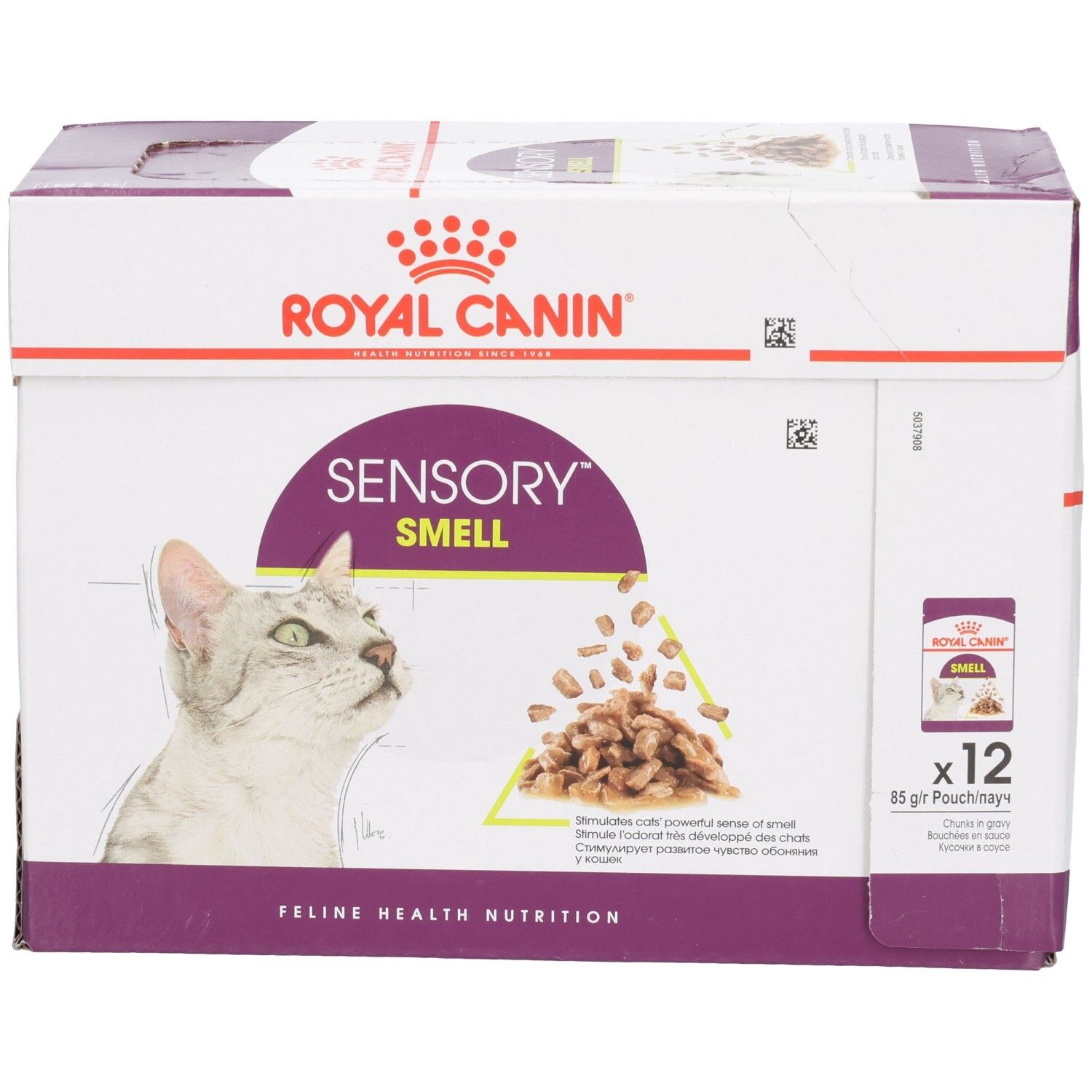 Vorderseite einer Royal Canin Sensory Smell Katzenfutter-Box mit Katzenmotiv.