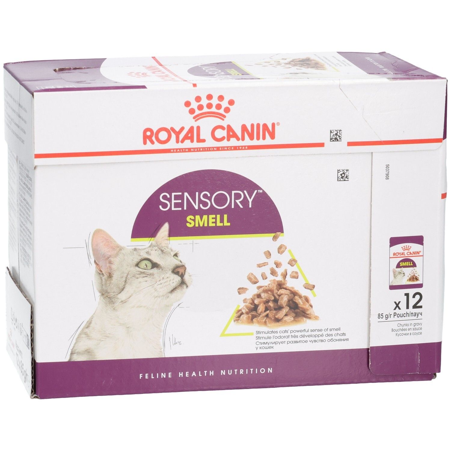 Royal Canin Sensory Smell Katzenfutter-Box, 12 Beutel à 85g, mit Fokus auf Produktname.