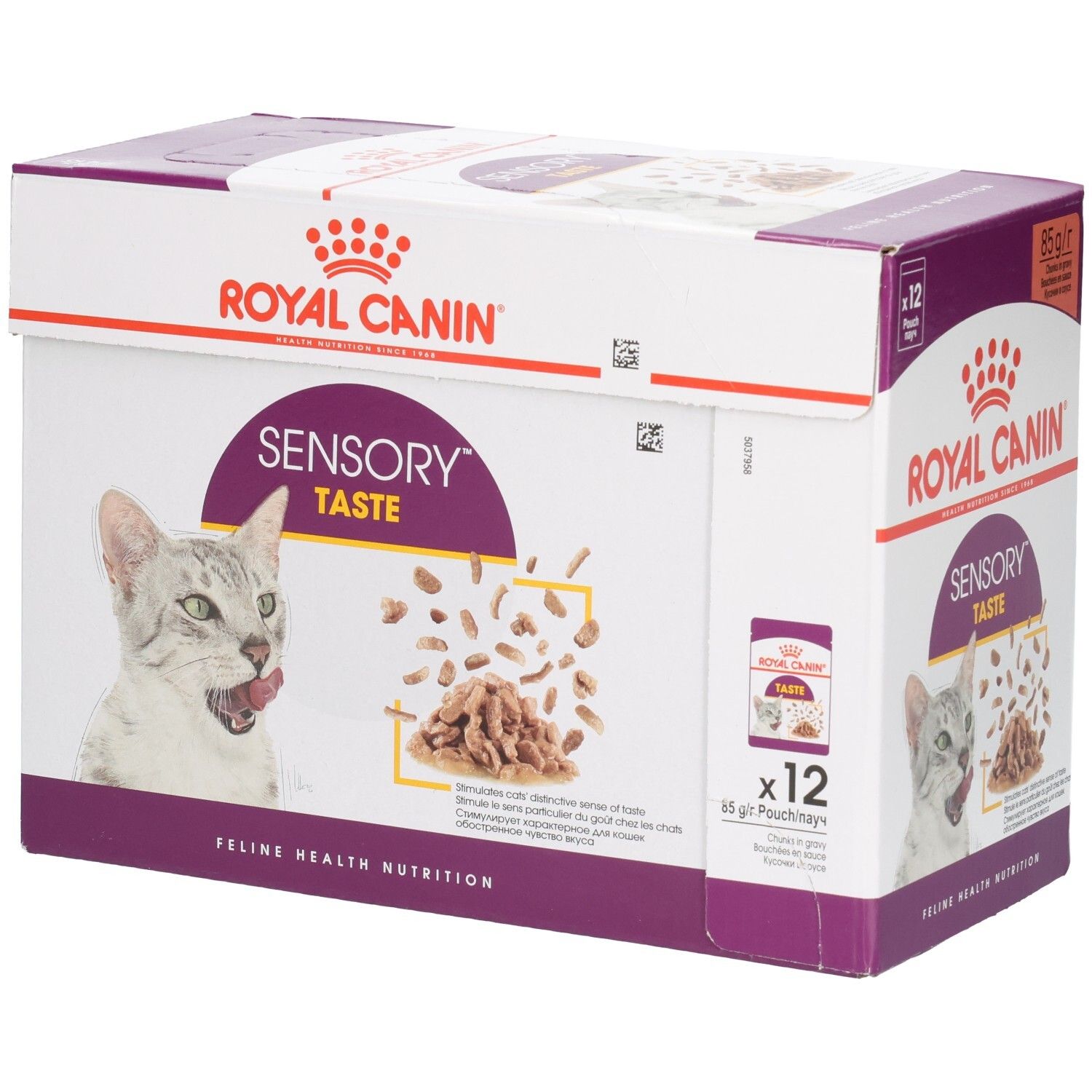 Royal Canin Sensory Taste Katzenfutter-Box mit 12x 85g Beuteln, Vorderansicht.