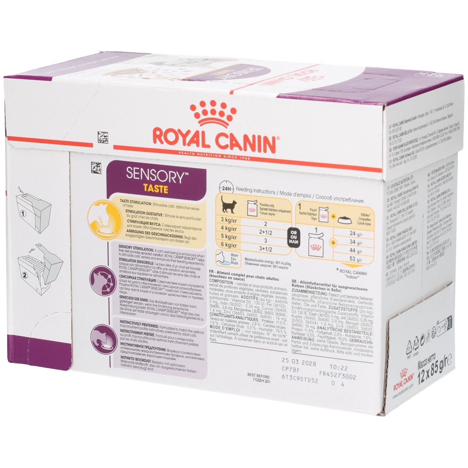 Royal Canin Sensory Taste Katzenfutter-Box, Seitenansicht mit Fütterungshinweisen.
