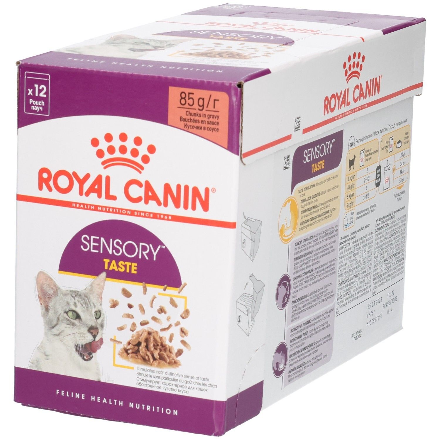 Royal Canin Sensory Taste Katzenfutter-Box, schräge Vorderansicht mit Fokus auf das Design.