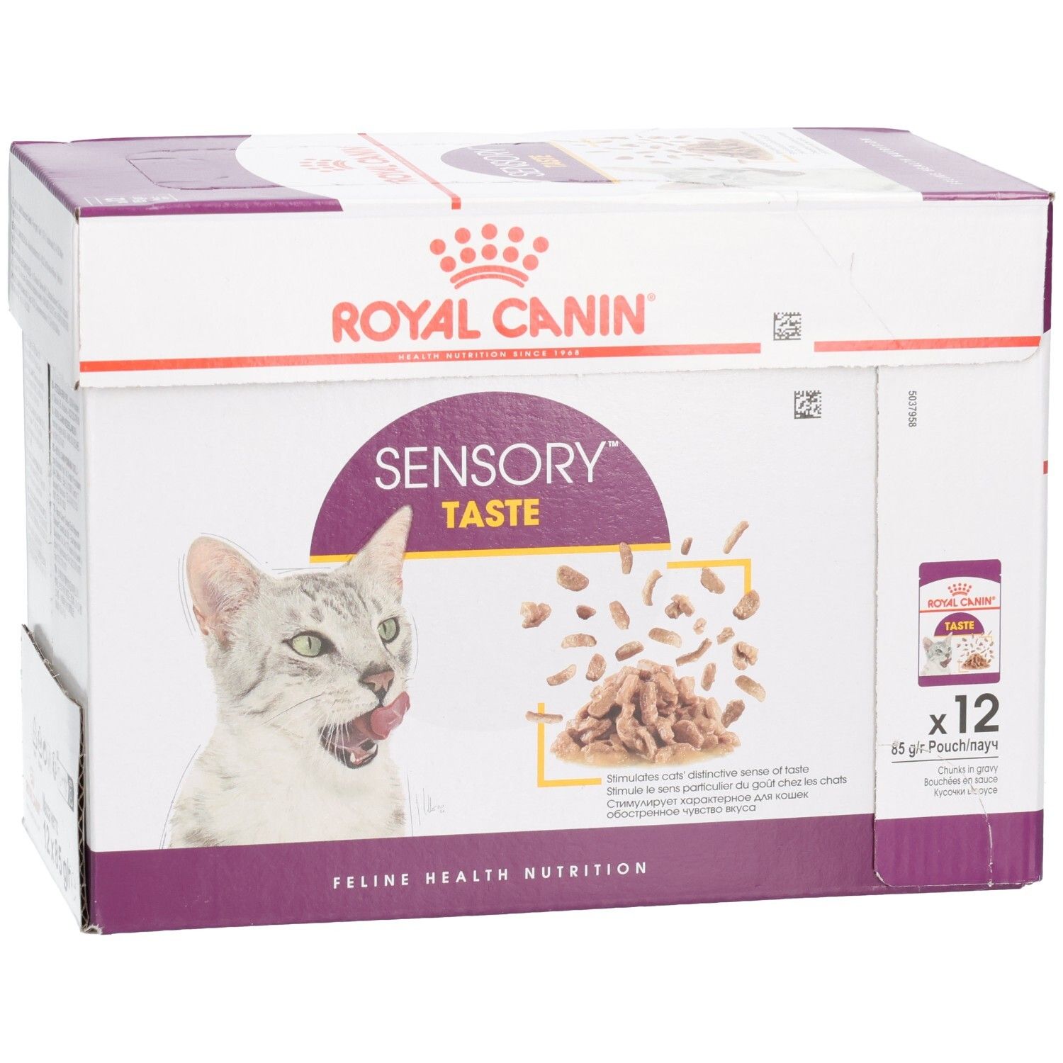 Royal Canin Sensory Taste Katzenfutter-Box, schräge Ansicht von vorne links.