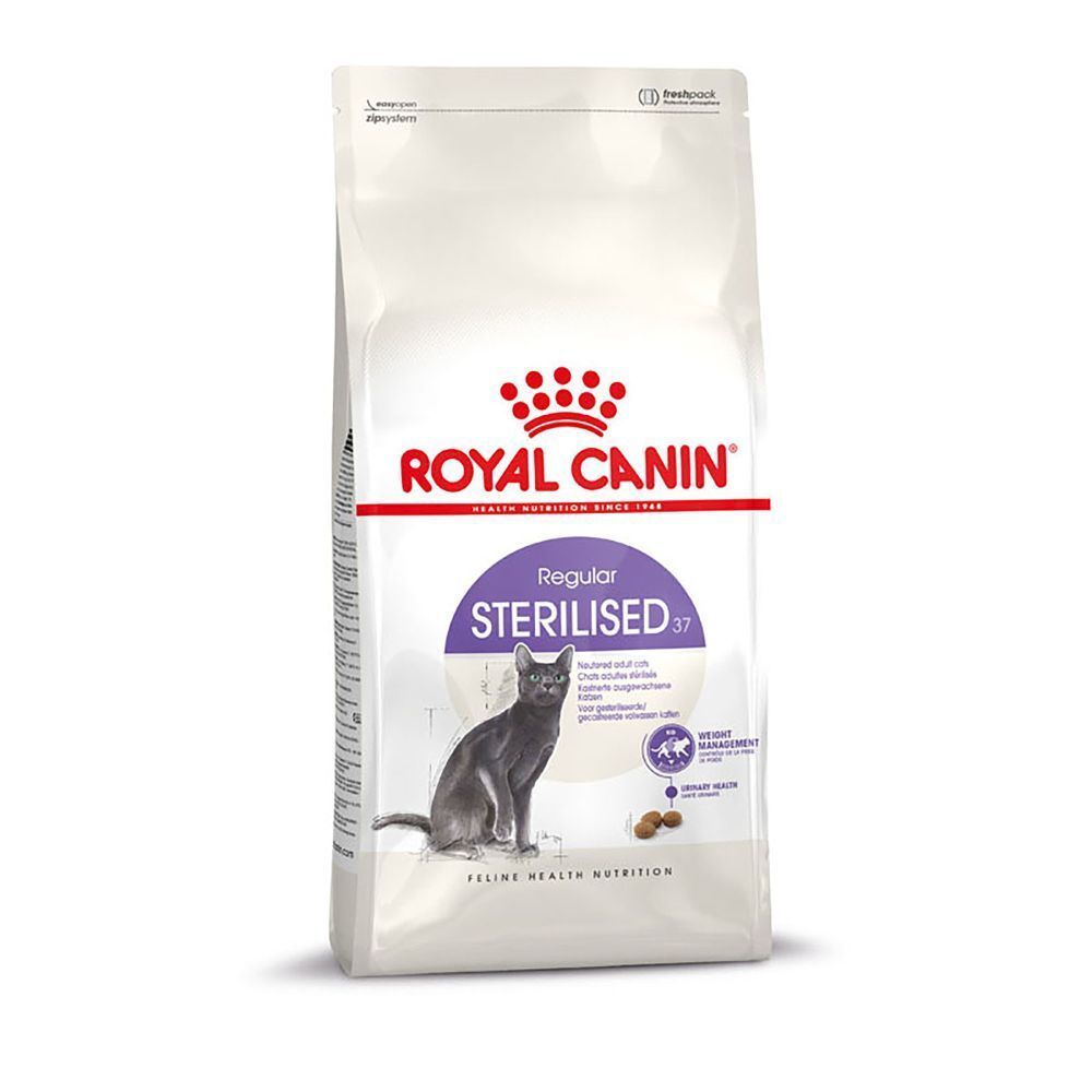 Royal Canin Sterilised 37 Katzenfutter-Sack mit Abbildung einer Katze und Hinweisen zu Nährstoffen und Gesundheit.