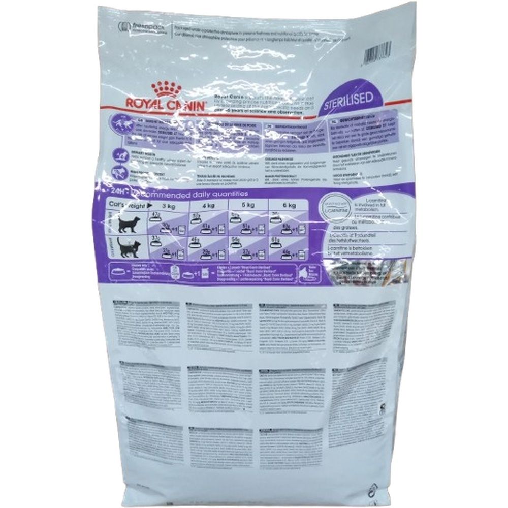 Rückseite eines Royal Canin Sterilised Katzenfutterbeutels mit Fütterungsempfehlungen und Produktinformationen.