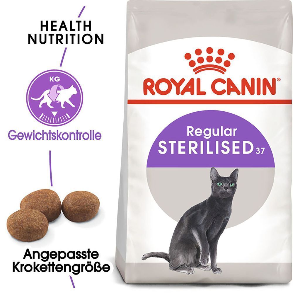 Royal Canin Sterilised 37 Katzenfutter-Packung mit Abbildung einer Katze und drei Kroketten.