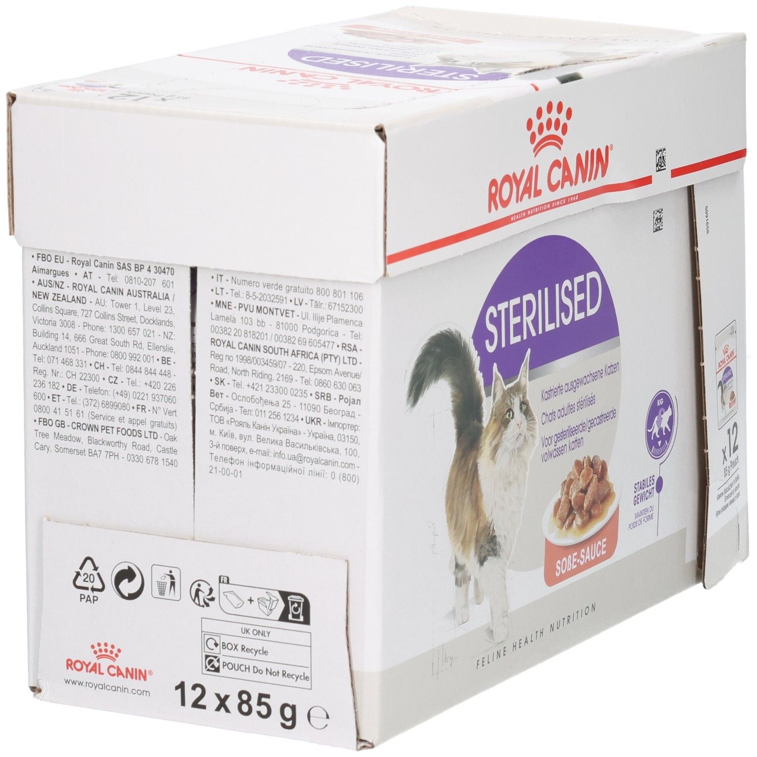 Rückseite des Kartons mit Fütterungstabelle und Produktinformationen.