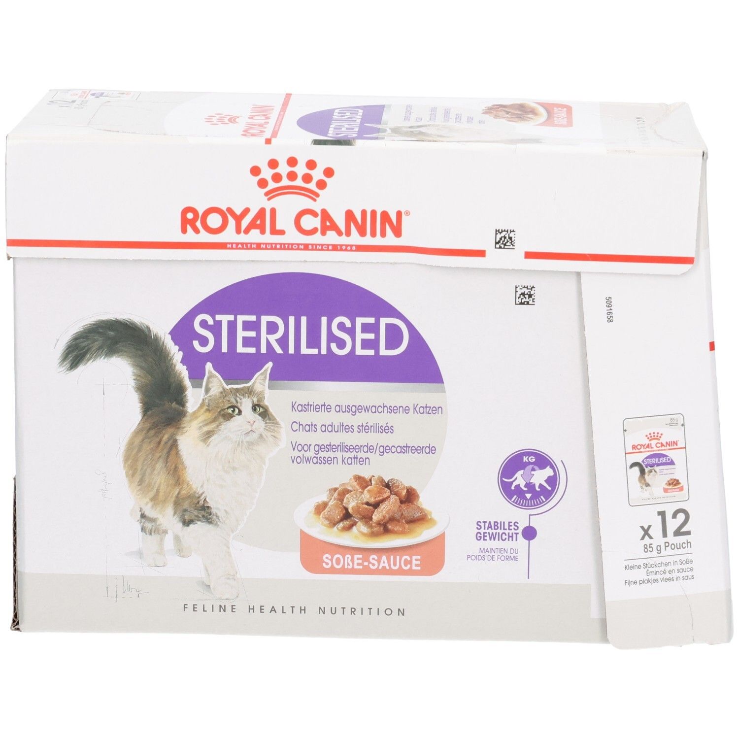 Vorderseite des Kartons mit Bild einer Katze und Schälchen Futter.