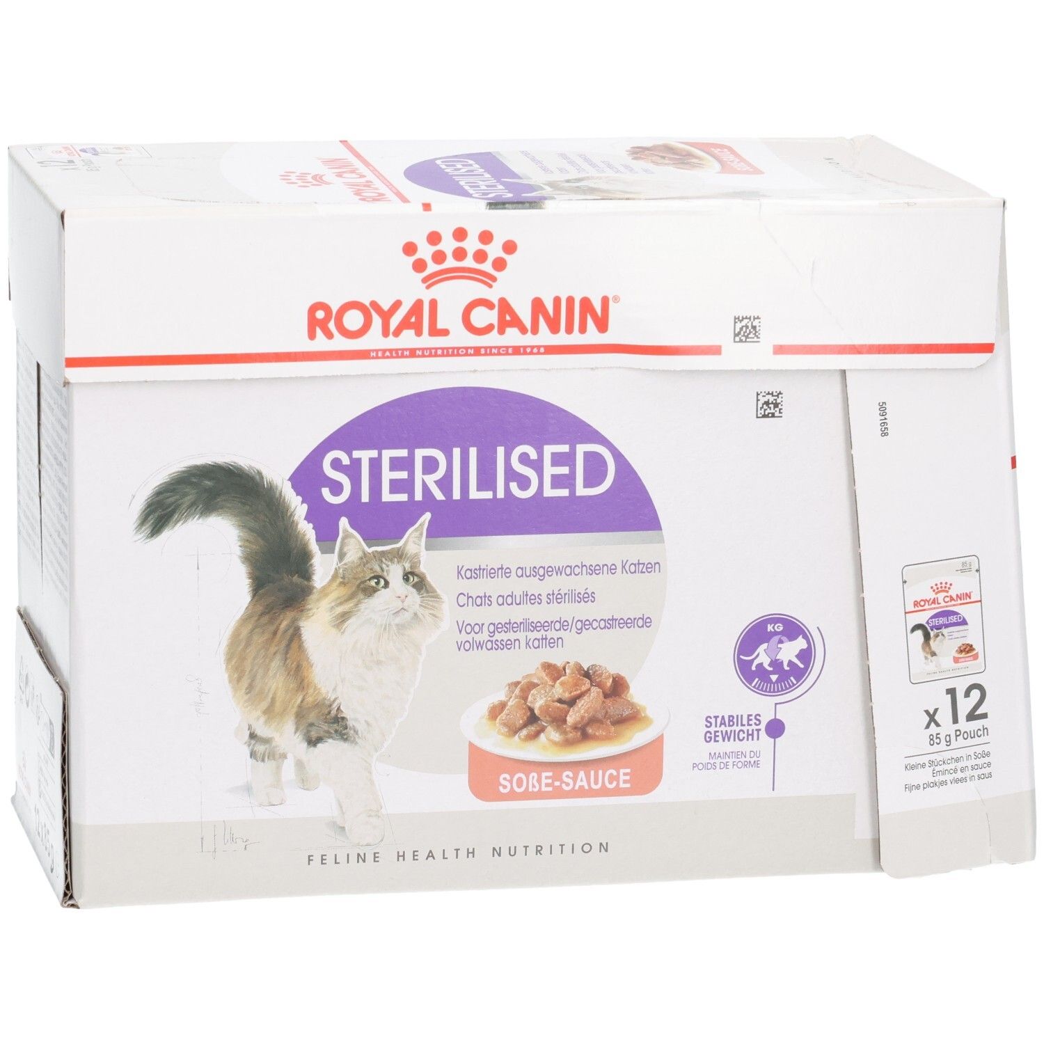 Vorderseite des Kartons mit Bild einer Katze und Schälchen Futter.