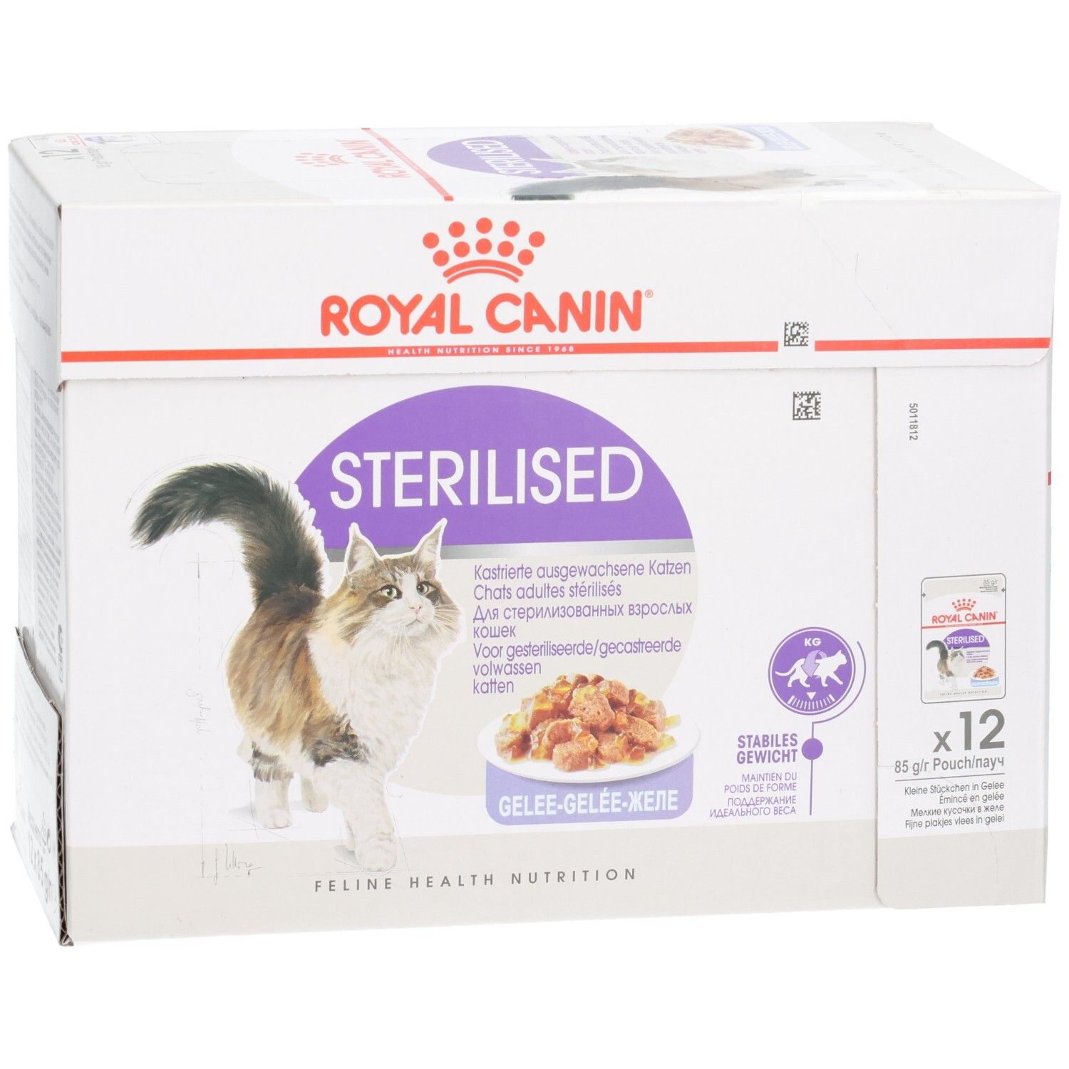 Royal Canin Sterilised Katzenfutter-Karton, Vorderseite mit Katzenbild.