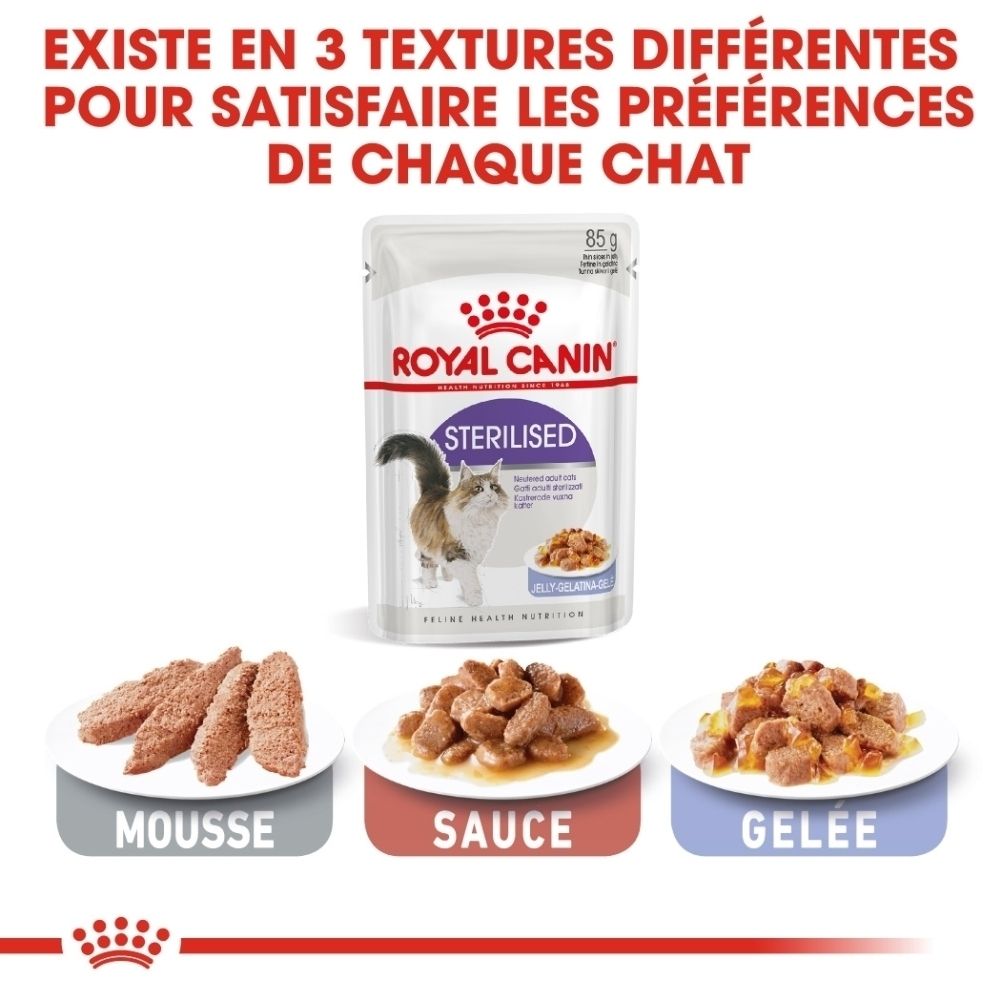 Pouch Royal Canin Sterilised pour chats, 85g, avec informations sur la nutrition féline.