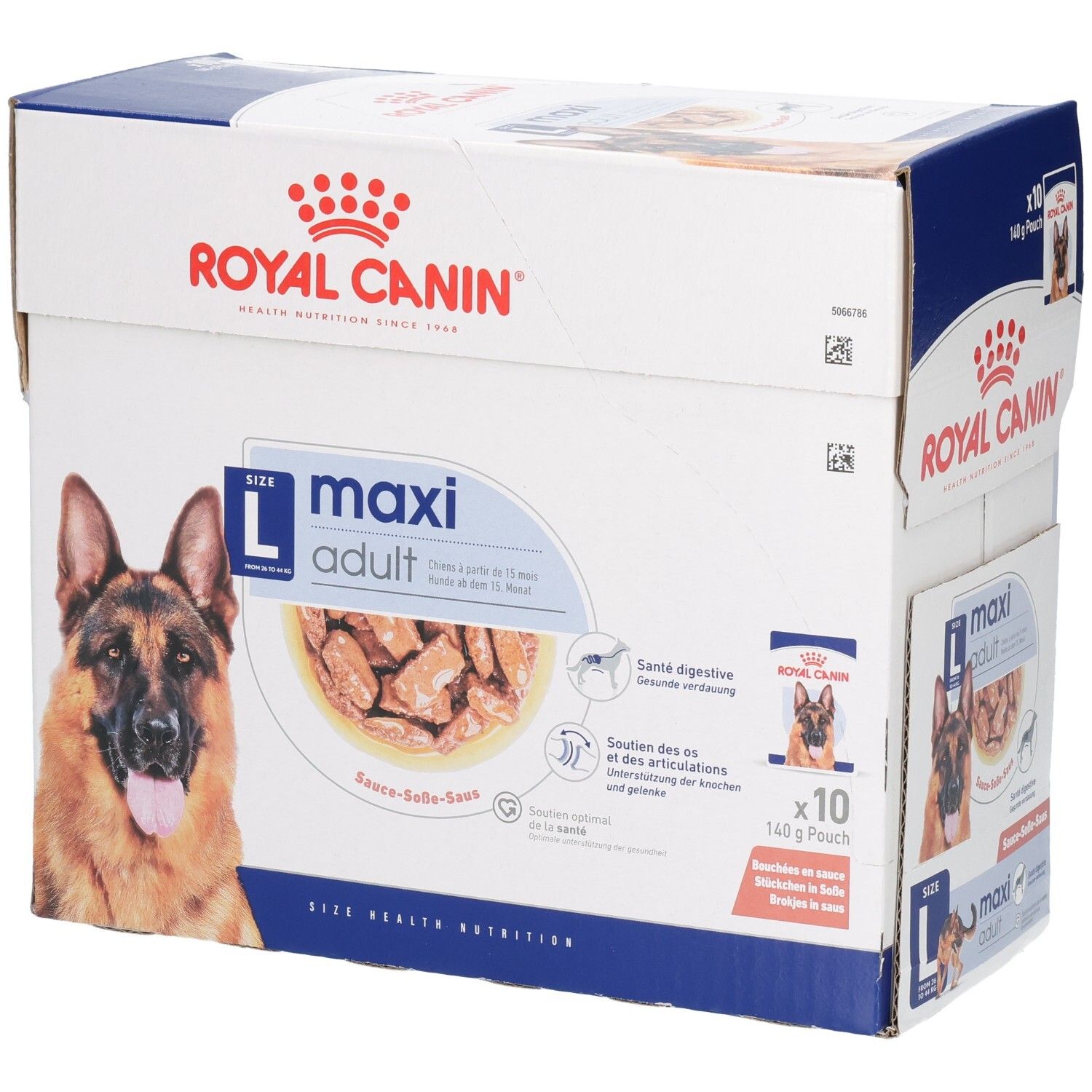 Royal Canin Maxi Adult Karton mit 10 Beuteln à 140g. Vorderseite mit Hundebild und Produktinformationen.
