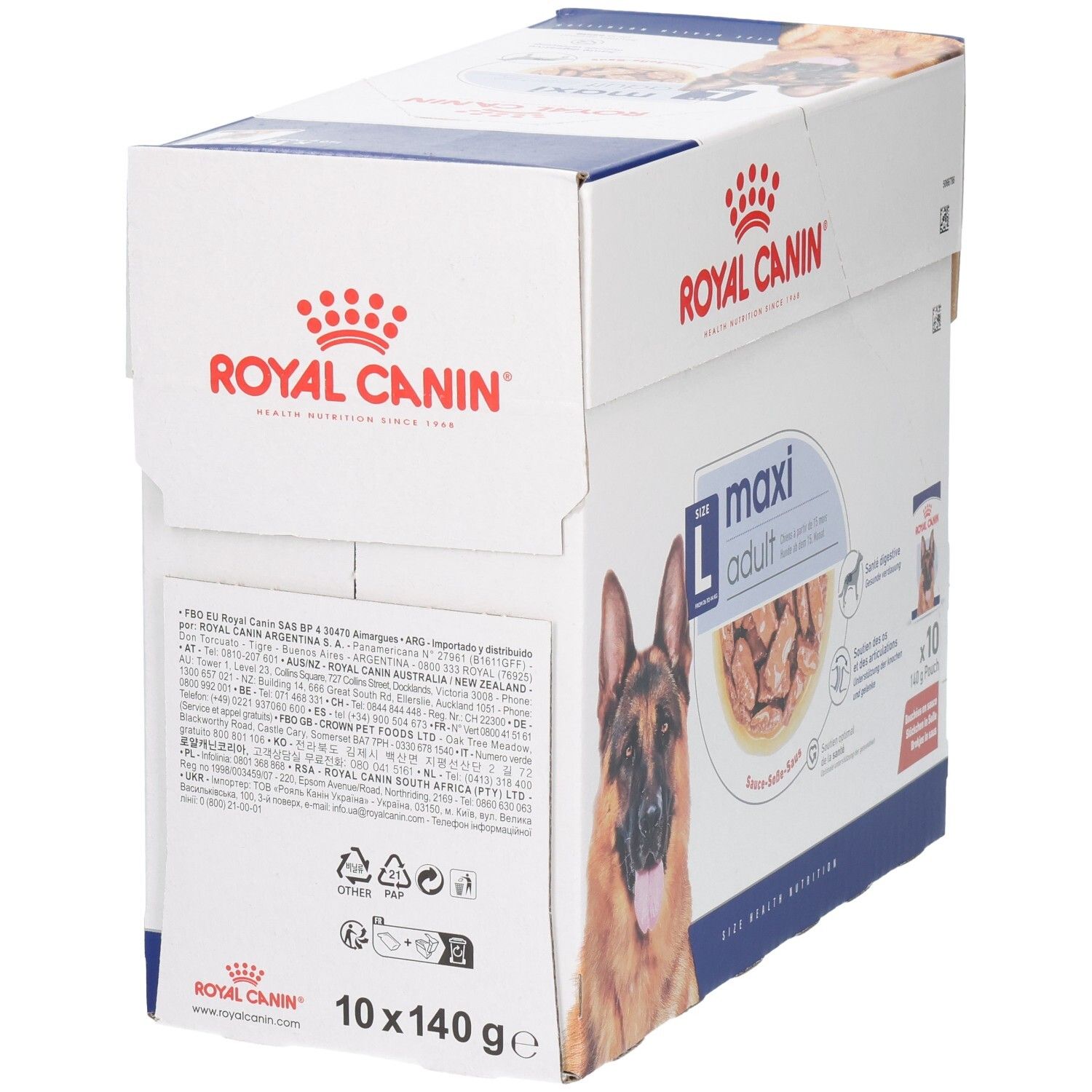 Royal Canin Maxi Adult Karton mit 10 Beuteln à 140g. Rückseite mit detaillierten Produktinformationen und Recycling-Symbolen.