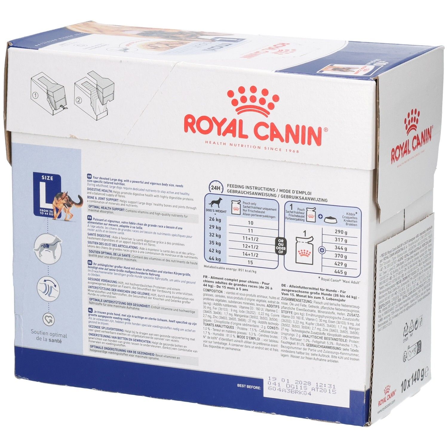 Royal Canin Maxi Adult Karton mit 10 Beuteln à 140g. Seitenansicht mit Fütterungshinweisen und Gesundheitsunterstützung.