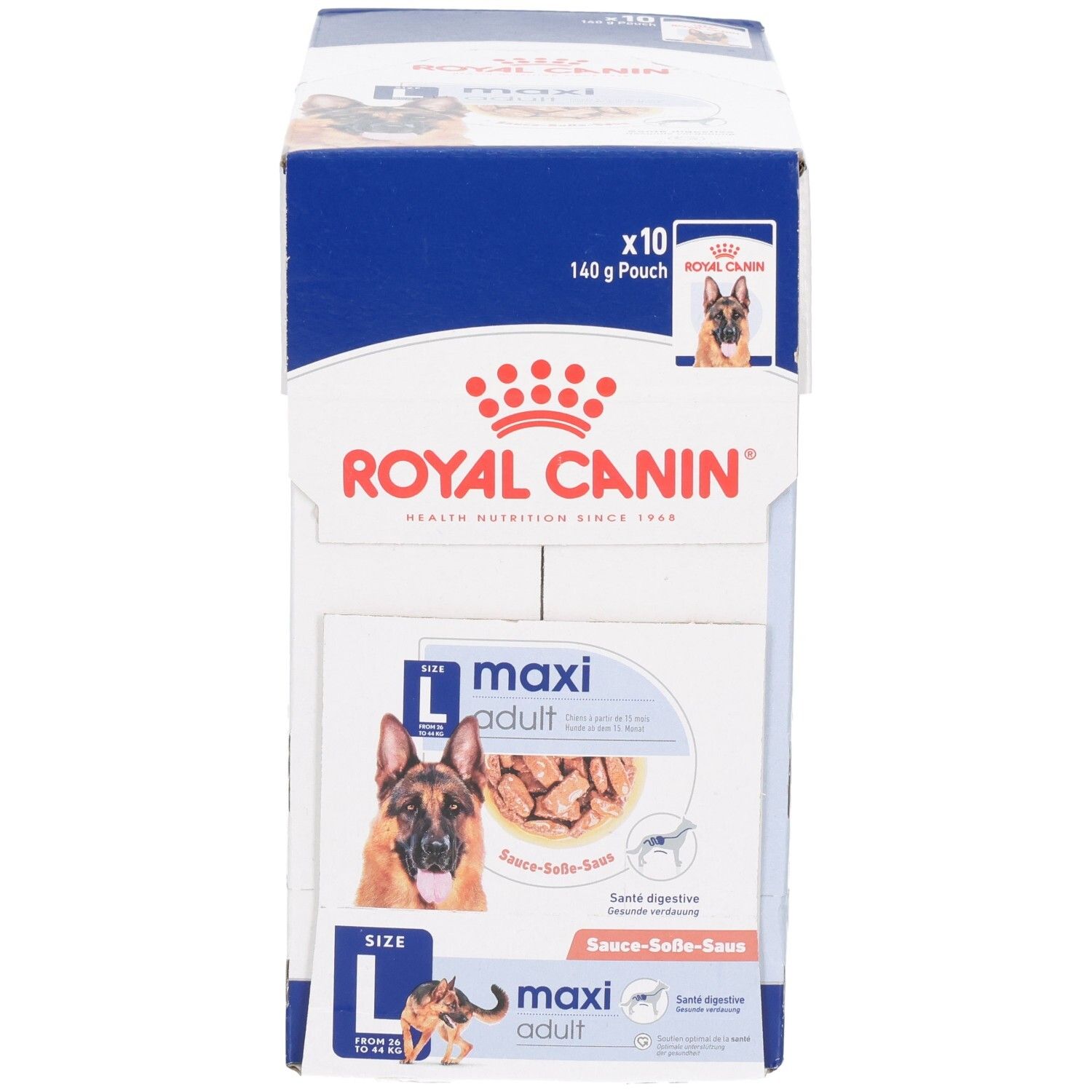 Royal Canin Maxi Adult Karton mit 10 Beuteln à 140g. Vorderseite mit Hundebild, Produktinformationen und Royal Canin Logo.