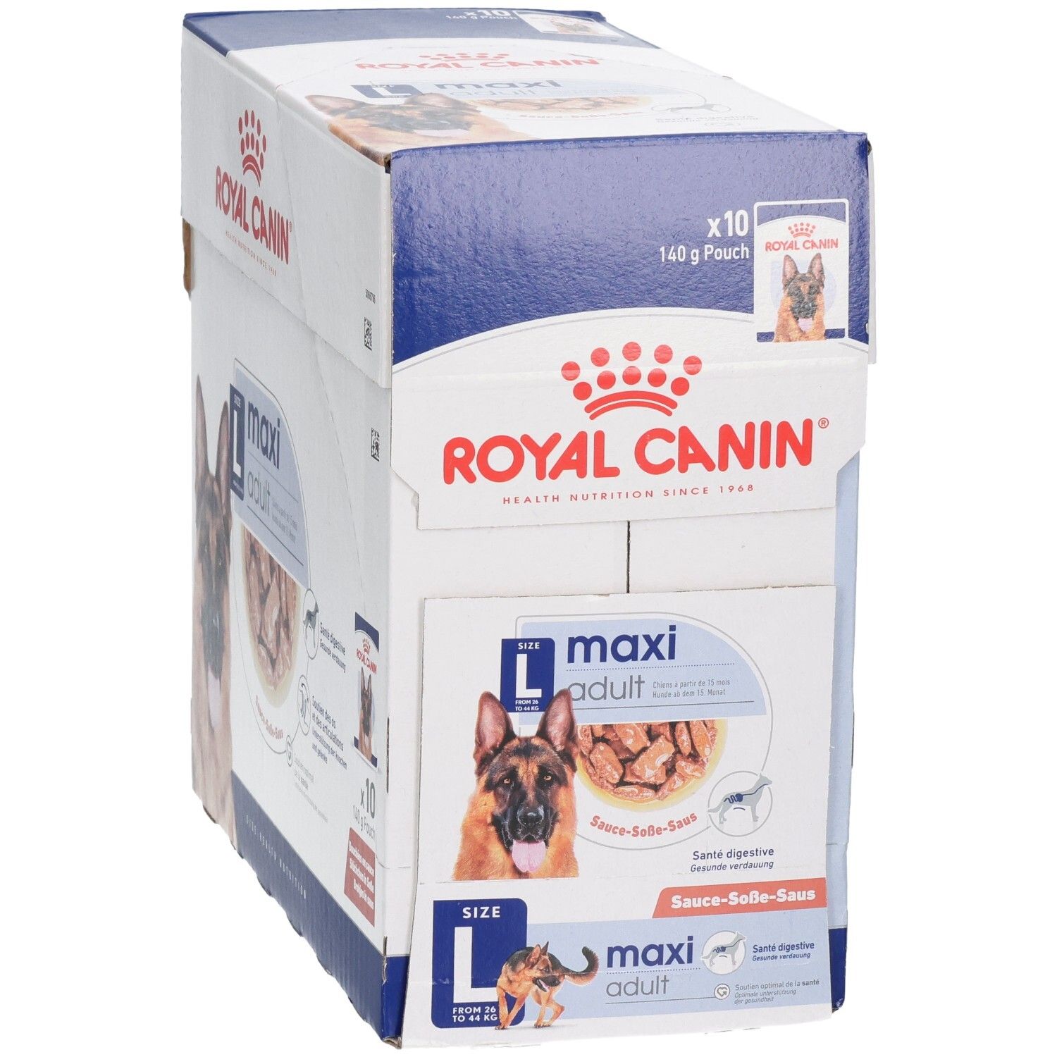 Royal Canin Maxi Adult Karton mit 10 Beuteln à 140g. Seitenansicht mit Hundebild und Produktinformationen.