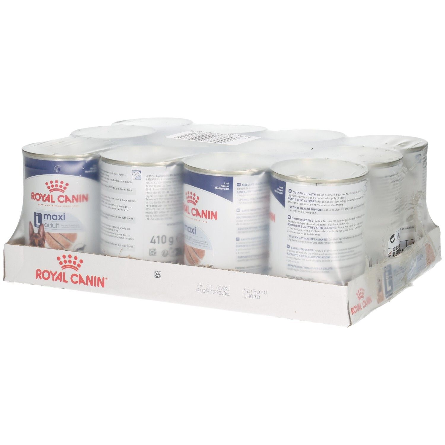 Zwölf Dosen Royal Canin Maxi Adult Loaf Hundefutter im Karton.