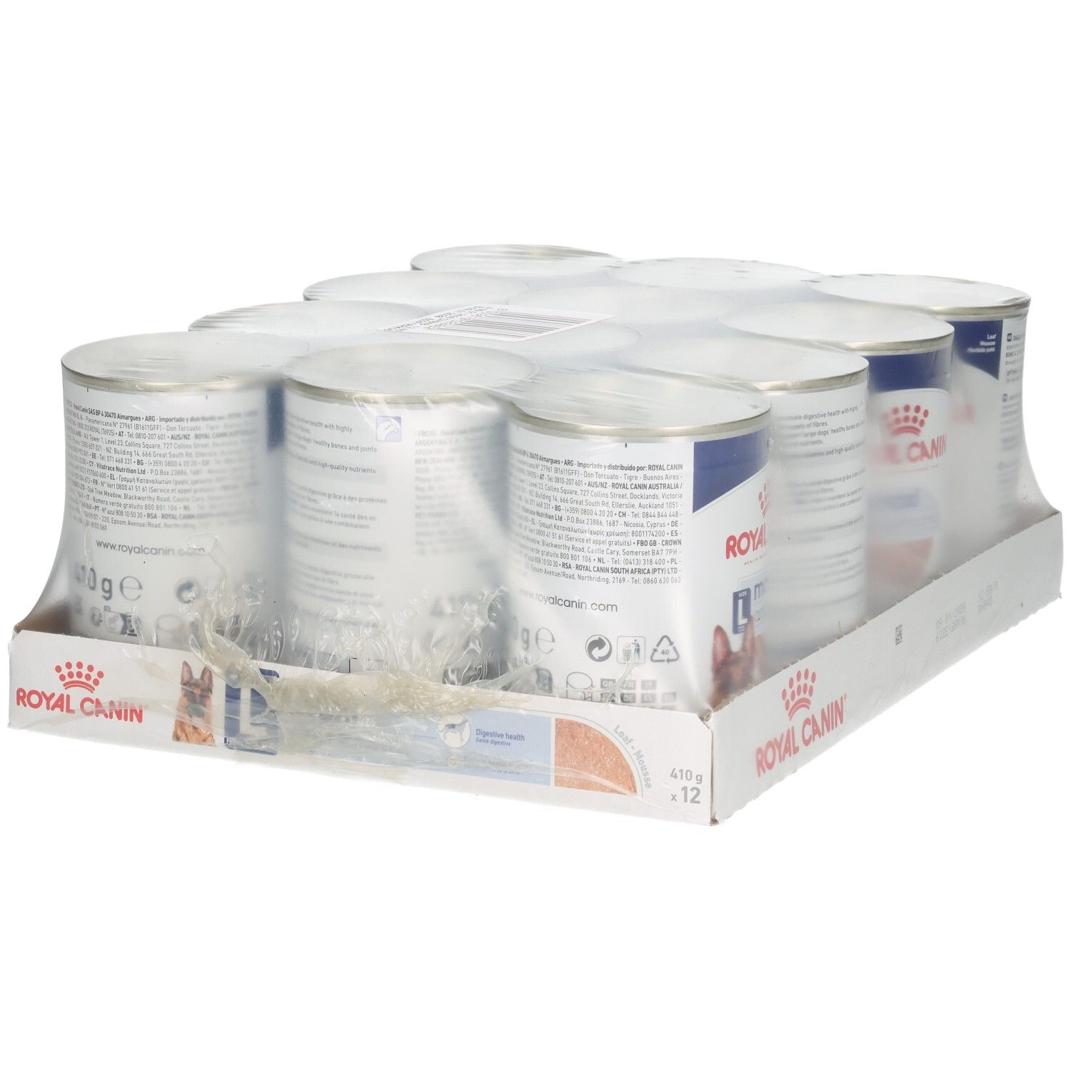 Zwölf Dosen Royal Canin Maxi Adult Loaf Hundefutter im Karton, Rückansicht.