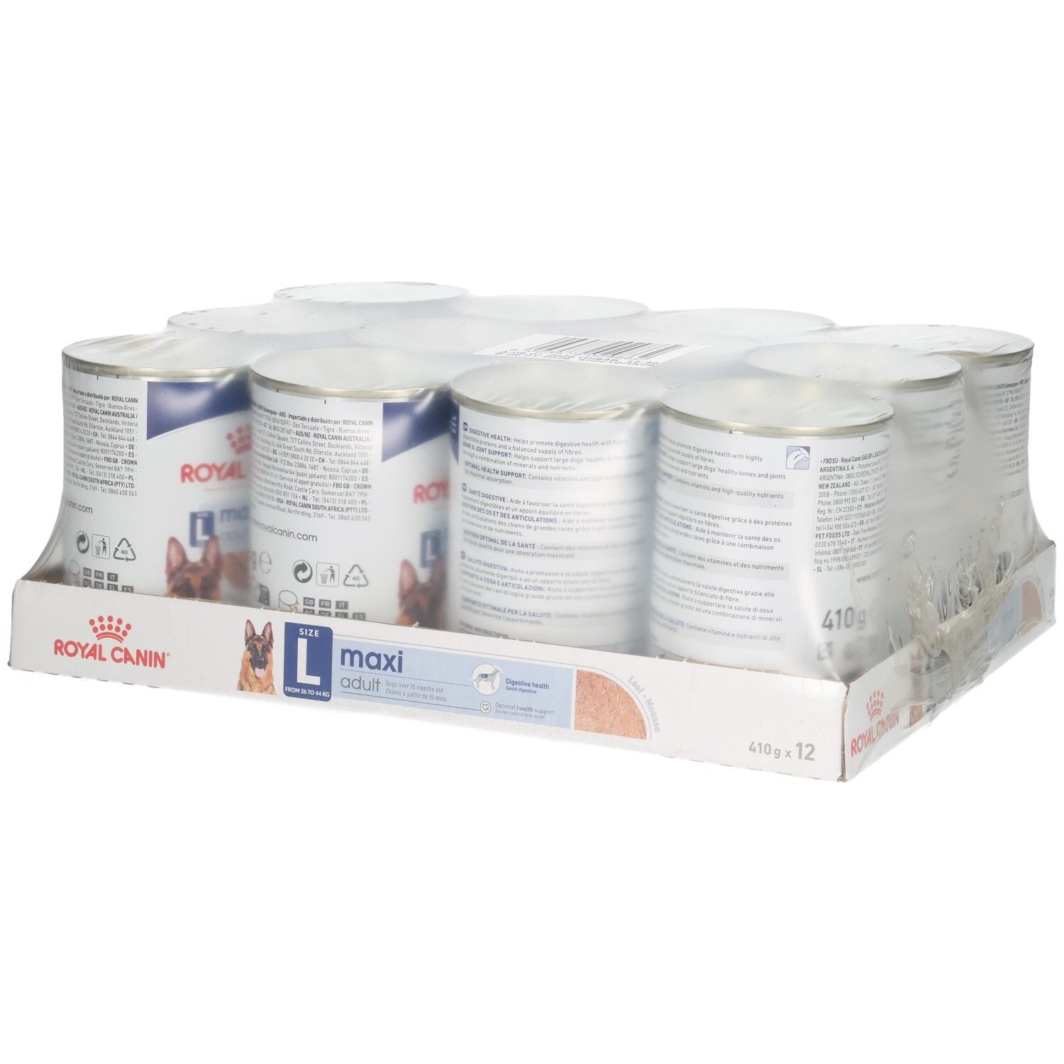 Zwölf Dosen Royal Canin Maxi Adult Loaf Hundefutter im Karton, Seitenansicht.