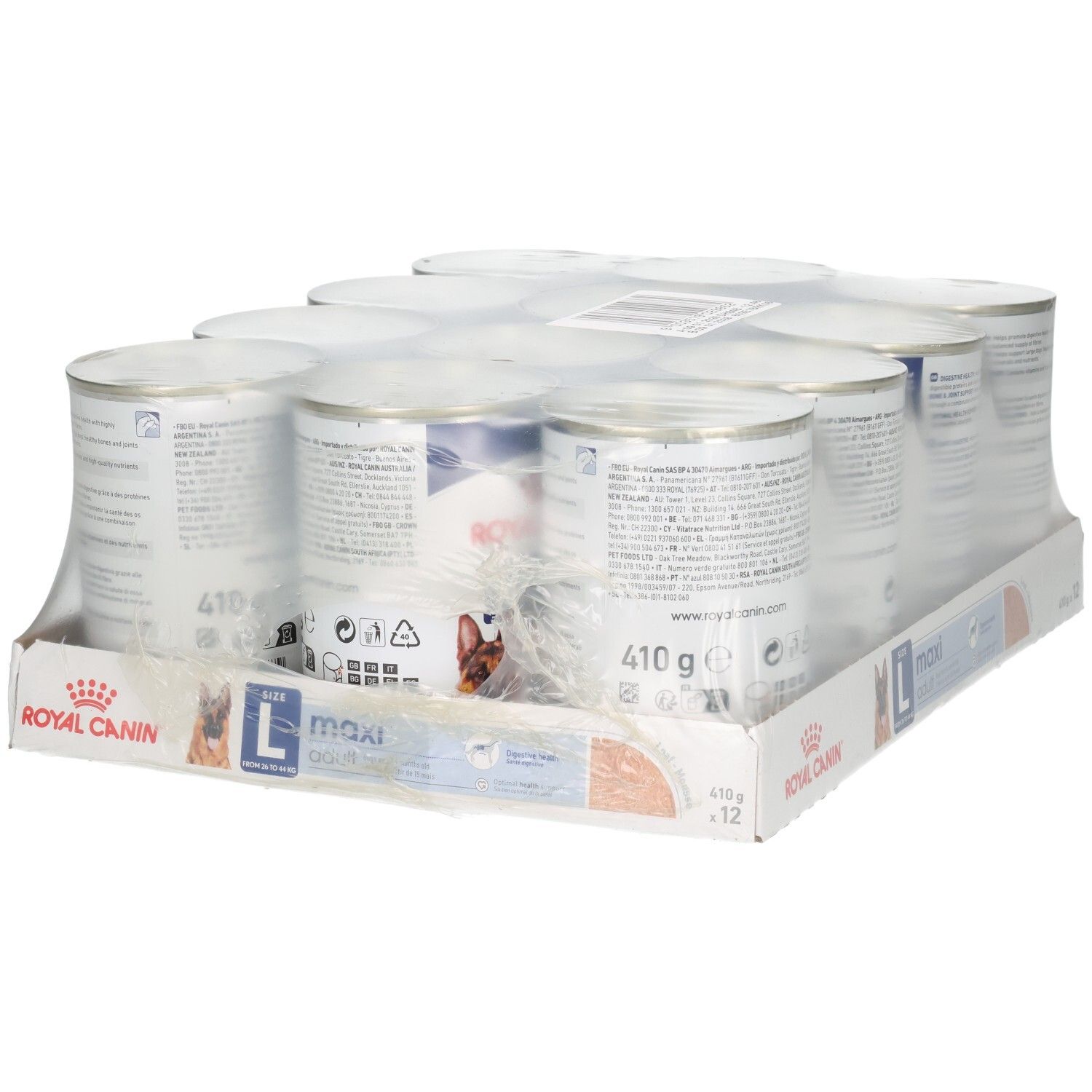 Zwölf Dosen Royal Canin Maxi Adult Loaf Hundefutter im Karton, schräge Ansicht.