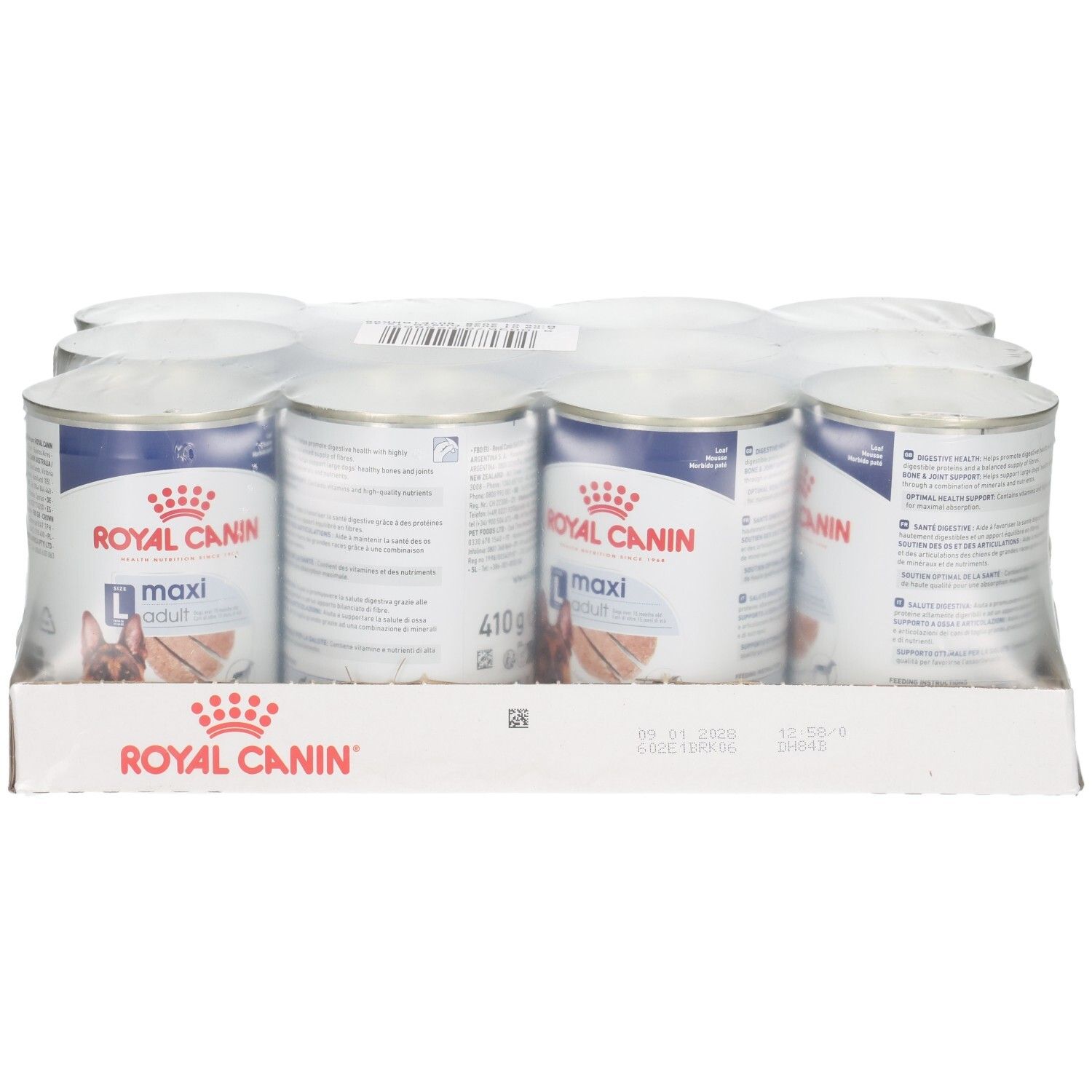 Zwölf Dosen Royal Canin Maxi Adult Loaf Hundefutter im Karton, Vorderansicht.