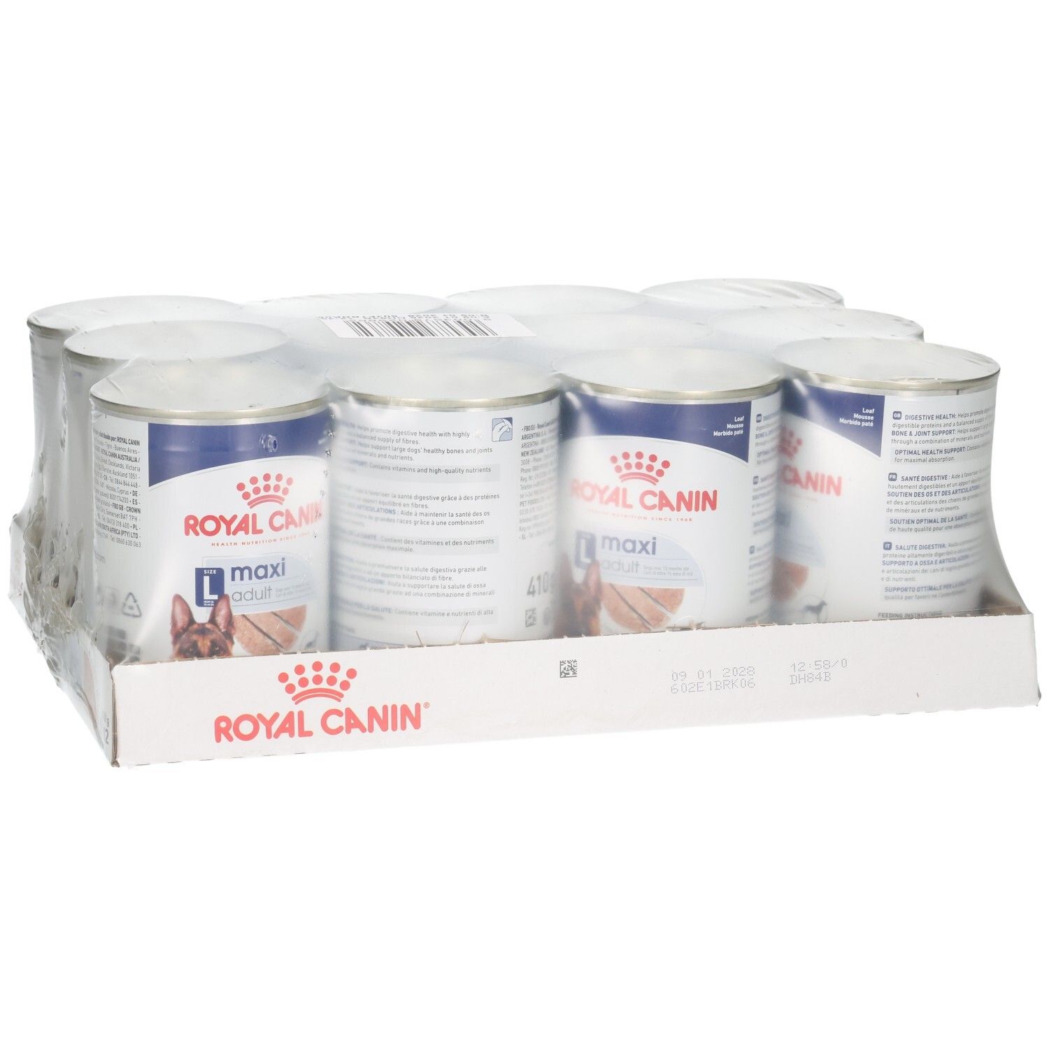 Zwölf Dosen Royal Canin Maxi Adult Loaf Hundefutter im Karton, Detailansicht.