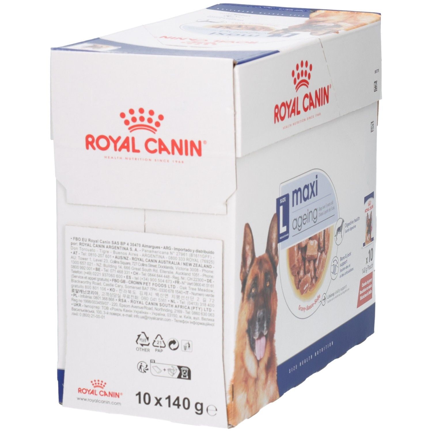Royal Canin Maxi Ageing: Rückseite der Großpackung mit Fütterungshinweisen und Produktinformationen.
