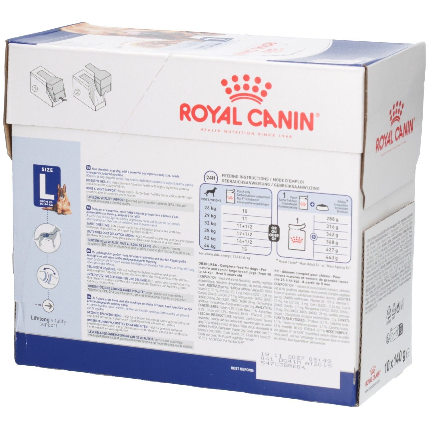 Royal Canin Maxi Ageing: Seitenansicht der Großpackung mit detaillierten Produktinformationen und Fütterungstabelle.