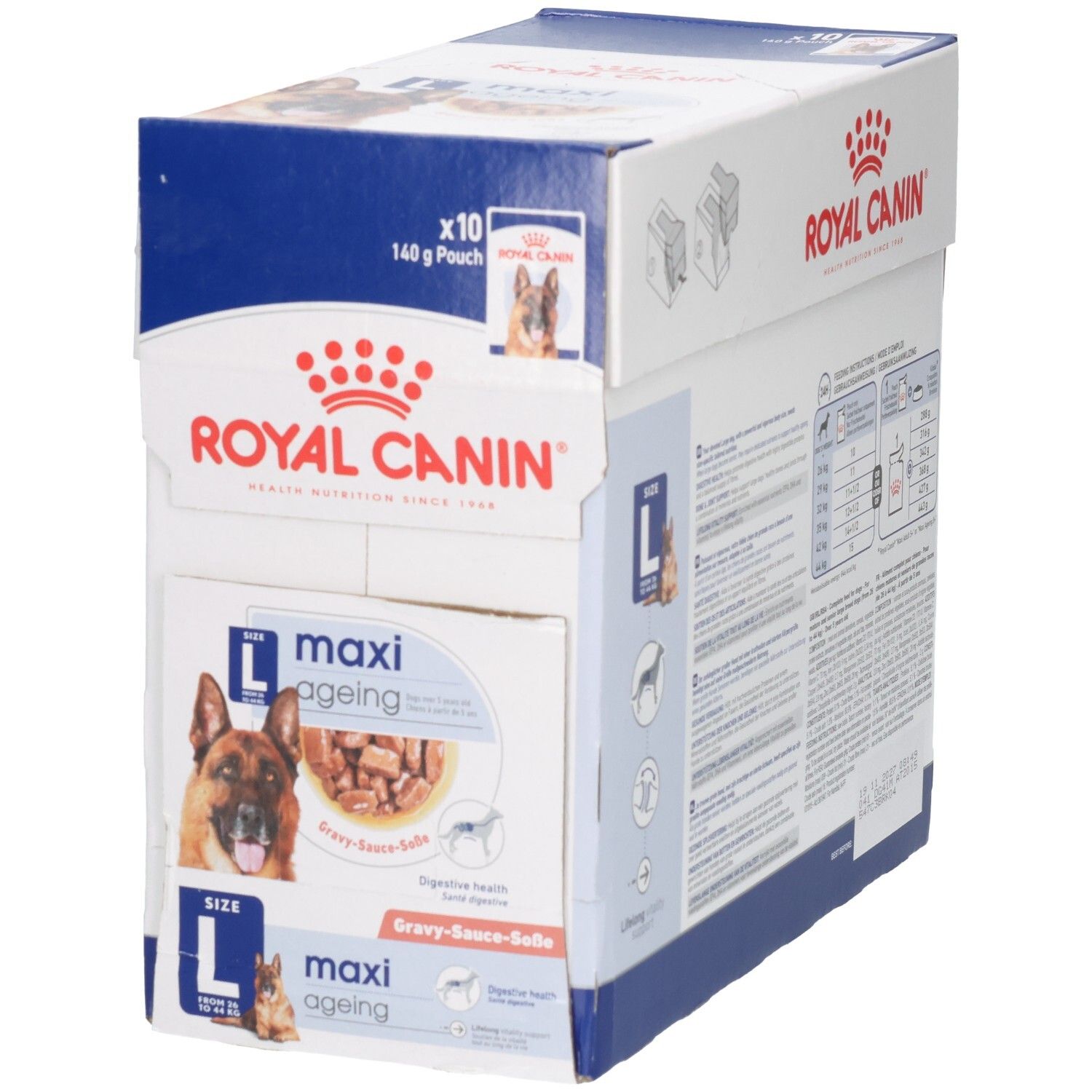 Royal Canin Maxi Ageing: Vorderseite der Großpackung mit Hundebild und Produktmerkmalen.