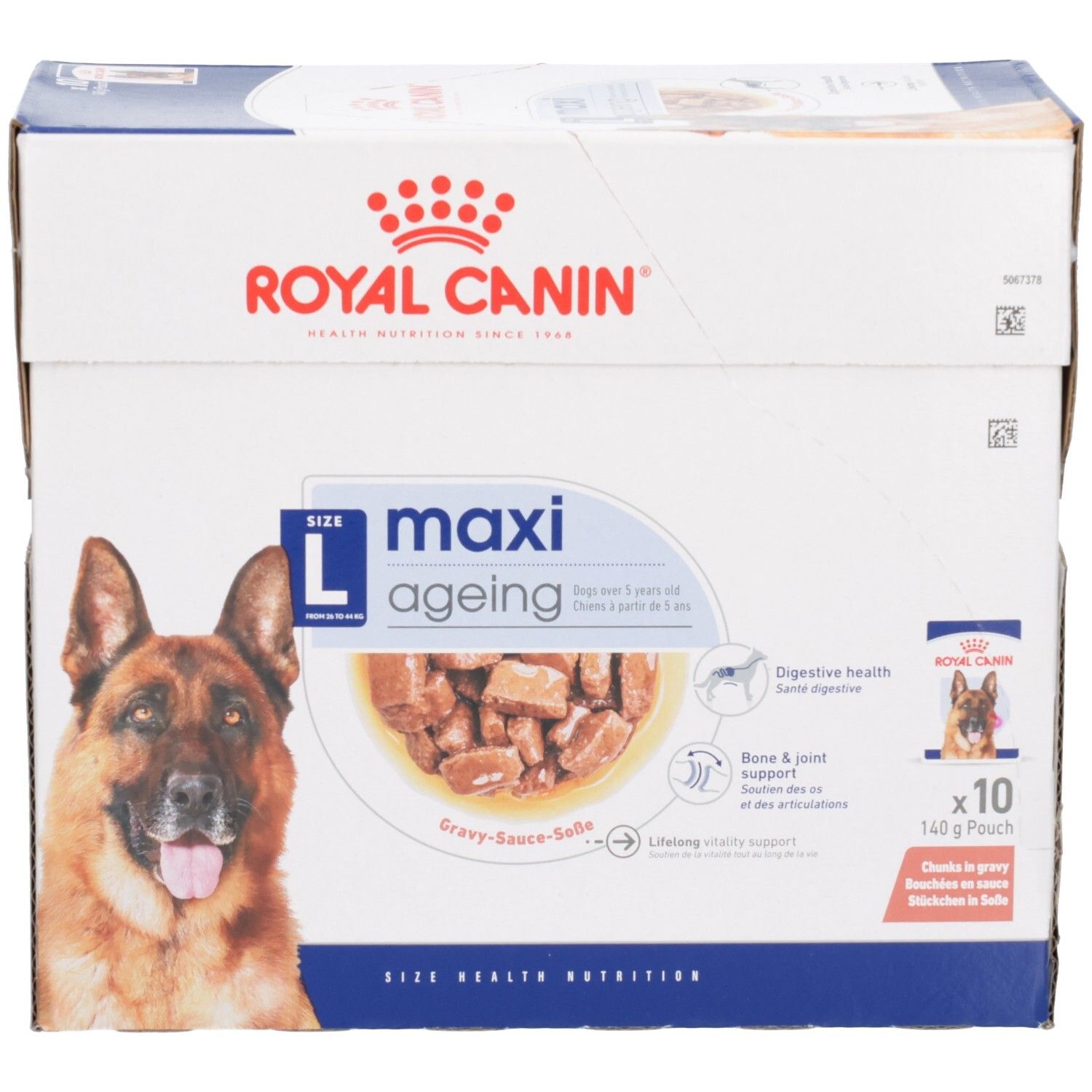 Royal Canin Maxi Ageing: Großpackung mit 10 Beuteln à 140g, Fokus auf Produktvorteile wie Verdauung und Gelenke.