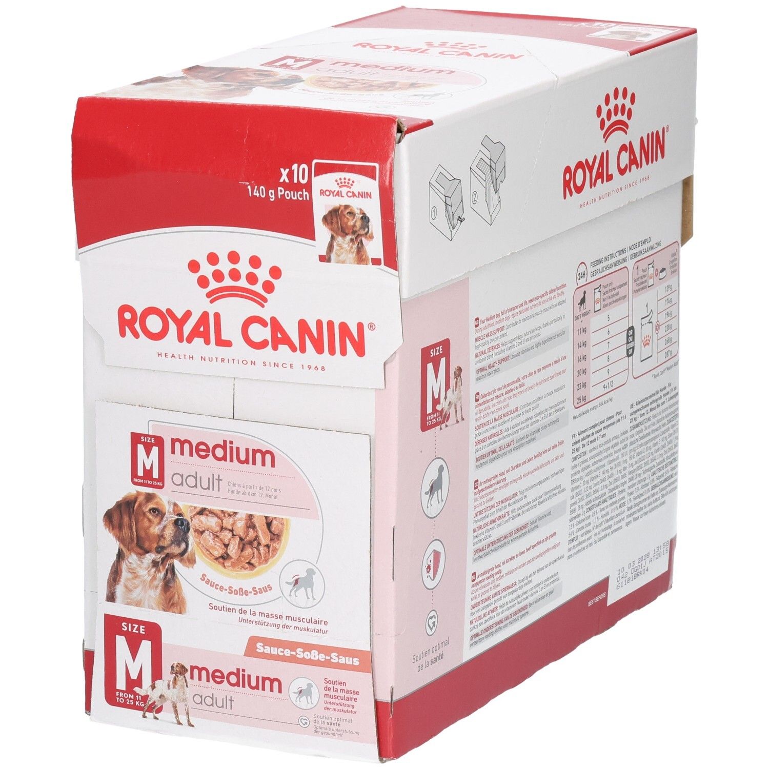 Royal Canin Medium Adult Hundefutter-Box, 10x140g Beutel. Vorderseite mit Hundebild und Produktinformationen.