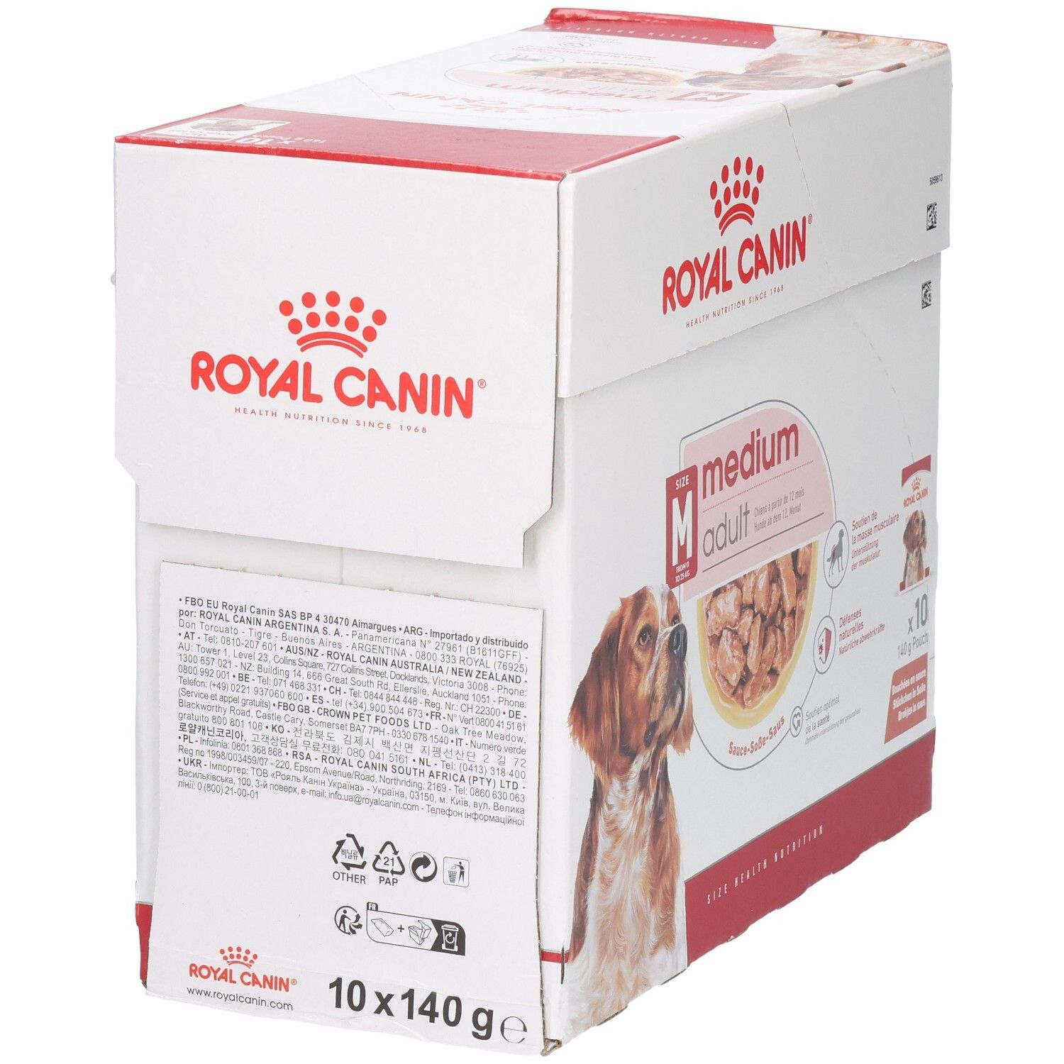 Royal Canin Medium Adult Hundefutter-Box, 10x140g Beutel. Seitenansicht mit detaillierten Produktinformationen und Inhaltsstoffen.