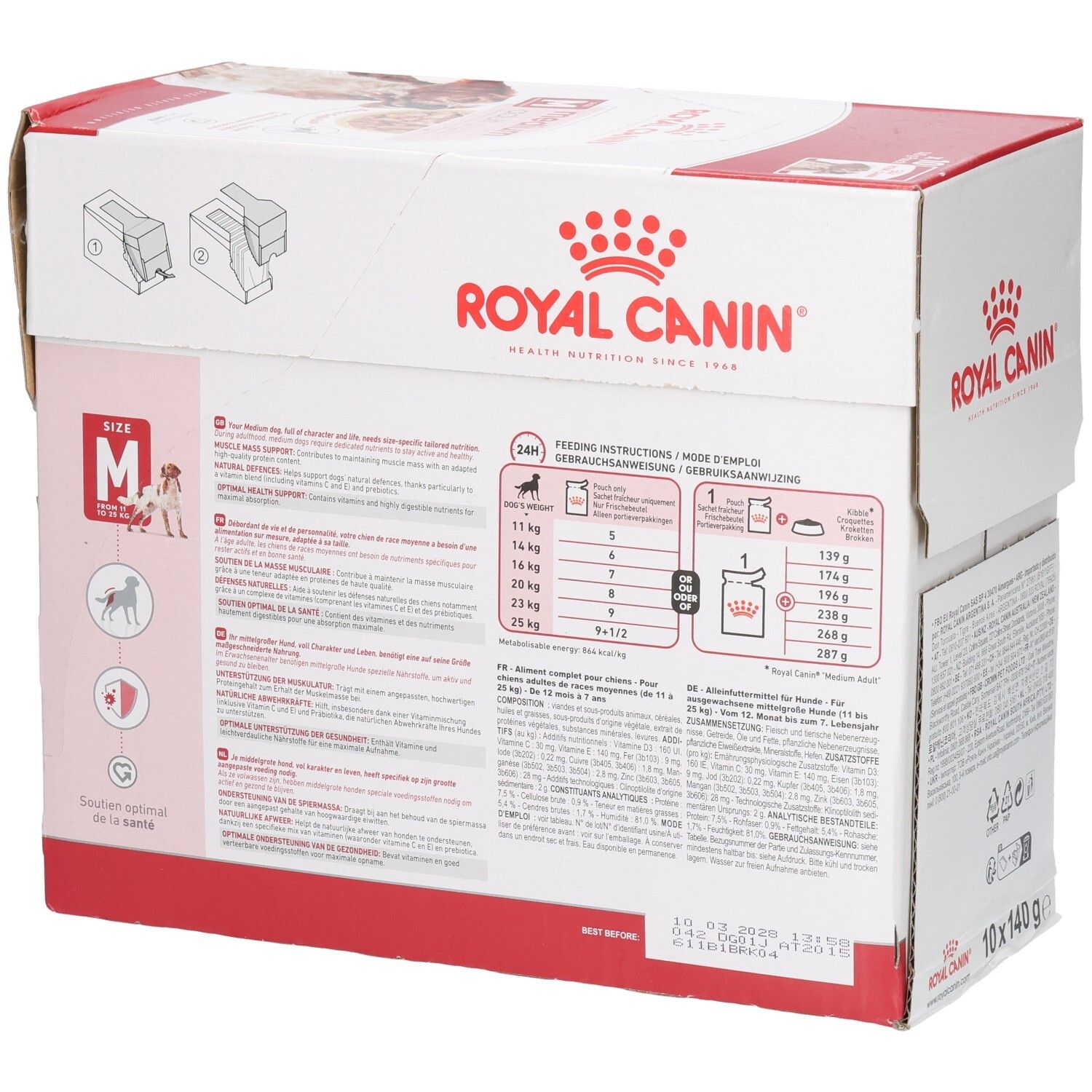 Royal Canin Medium Adult Hundefutter-Box, 10x140g Beutel. Rückseite mit Fütterungsempfehlungen und Produktmerkmalen.
